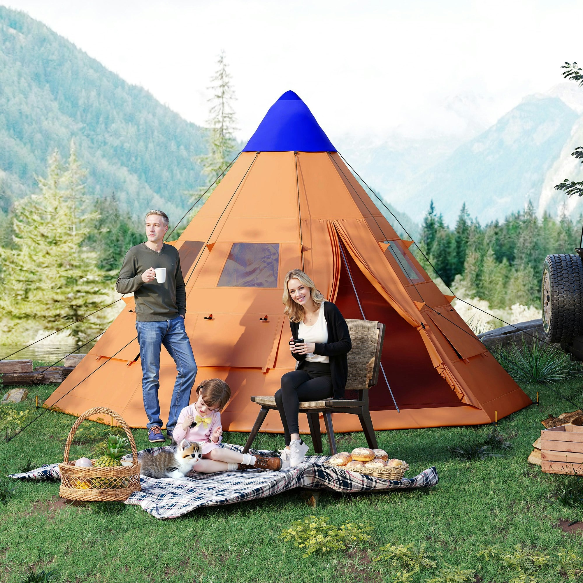 Outsunny 6-7 Person Family Camping Tent - Orange - Large Tipi Style - Polyester & Metal - Image 4
