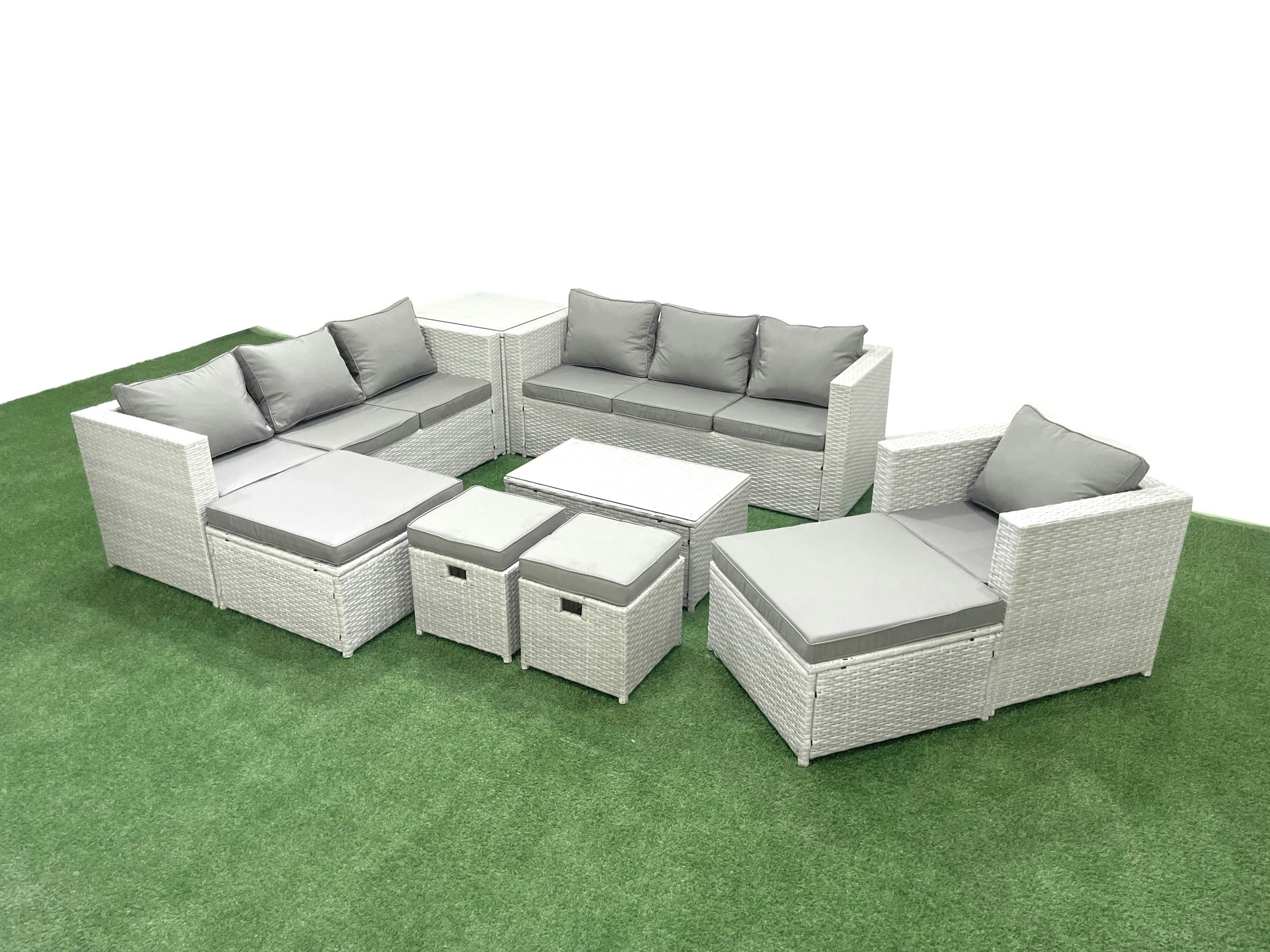 Fimous Light/Grey Rattan Garden Furniture Set 9 Pieces Outdoor Garden Sofa Chair Coffee Table Set With Side Table 4 Footstools Mixed