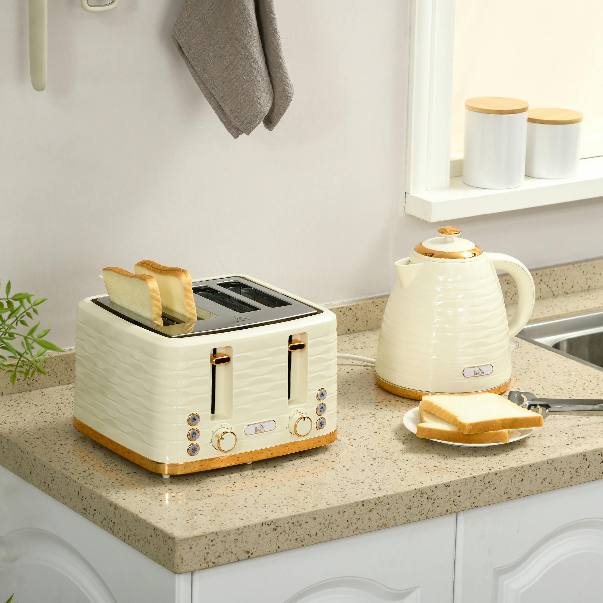Homcom Beige Kettle And Toaster Set 1.7L Rapid Boil Kettle & 4 Slice Toaster