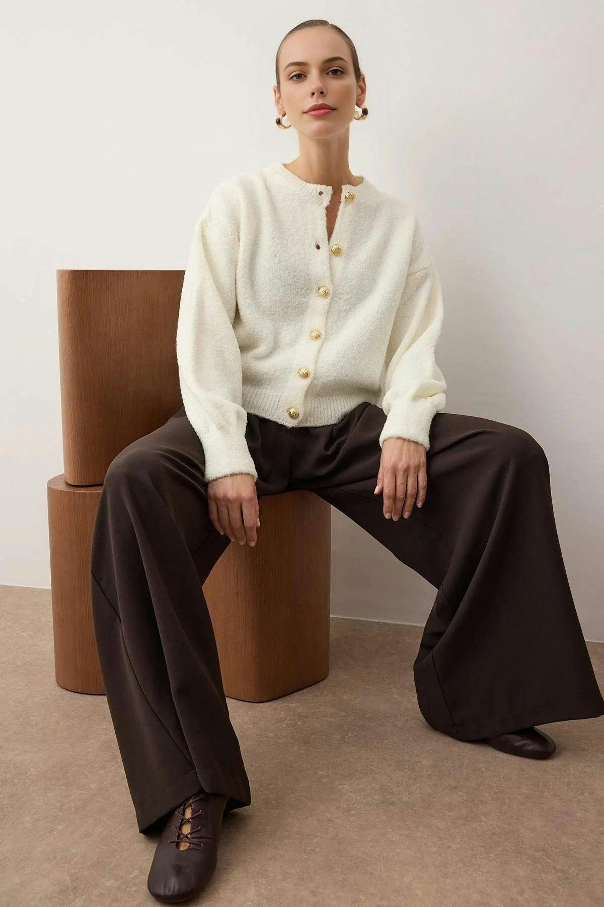Wovcor Soft-Textured Knit Cardigan With Button Detail And Balloon Sleeves - Ecru - L