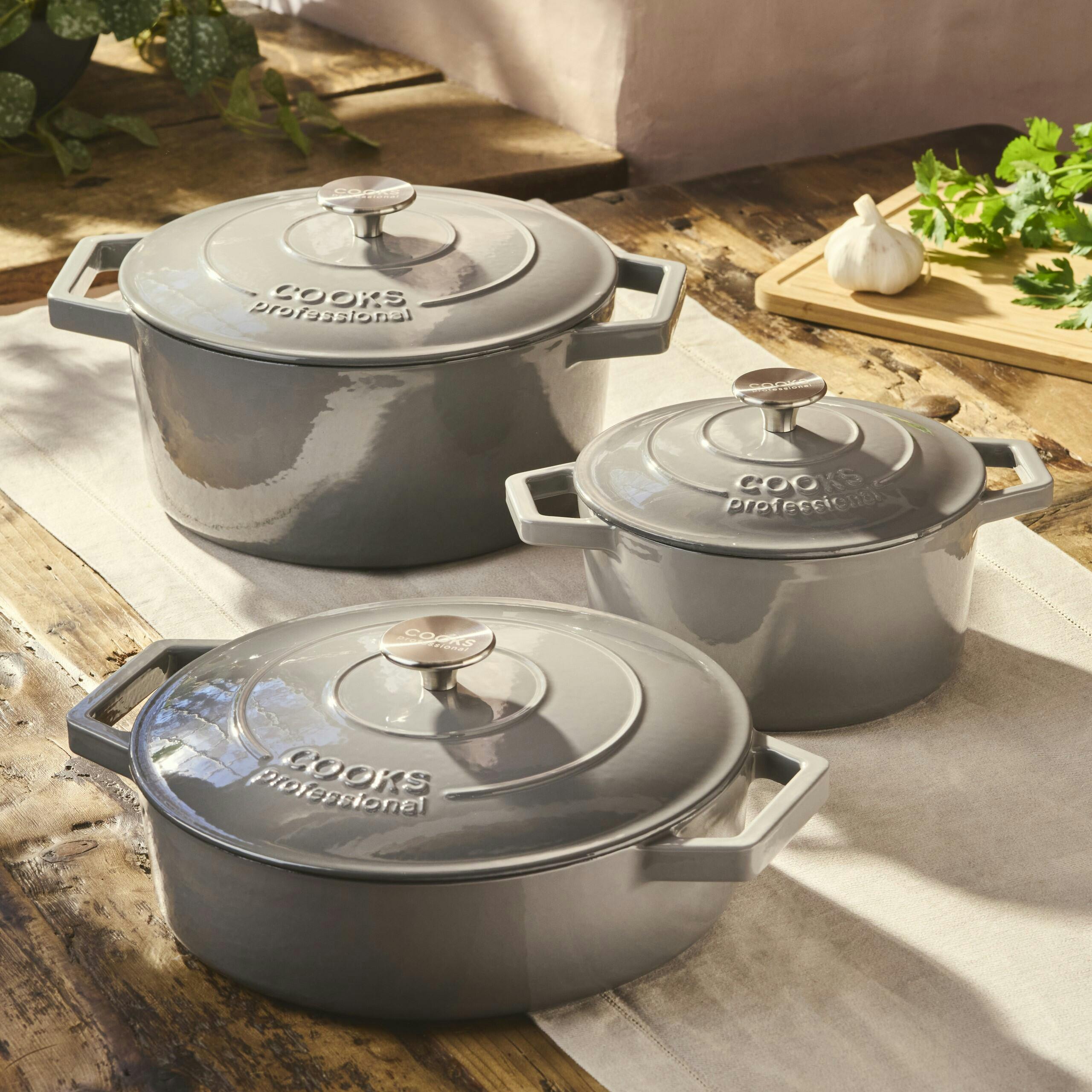 Cooks Professional Grey Set Of 3 Cast Iron Casserole | 20Cm, 26Cm And 28Cm |