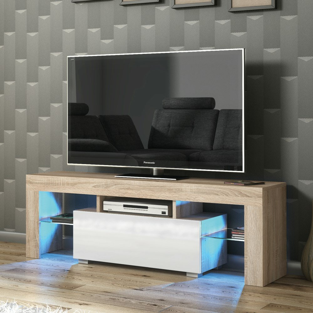 Rackhams White 130Cm Tv Unit Cabinet Stand With High Gloss Doors And Free Led Lights - 130 Cm - 1 - Mdf/Chipboard