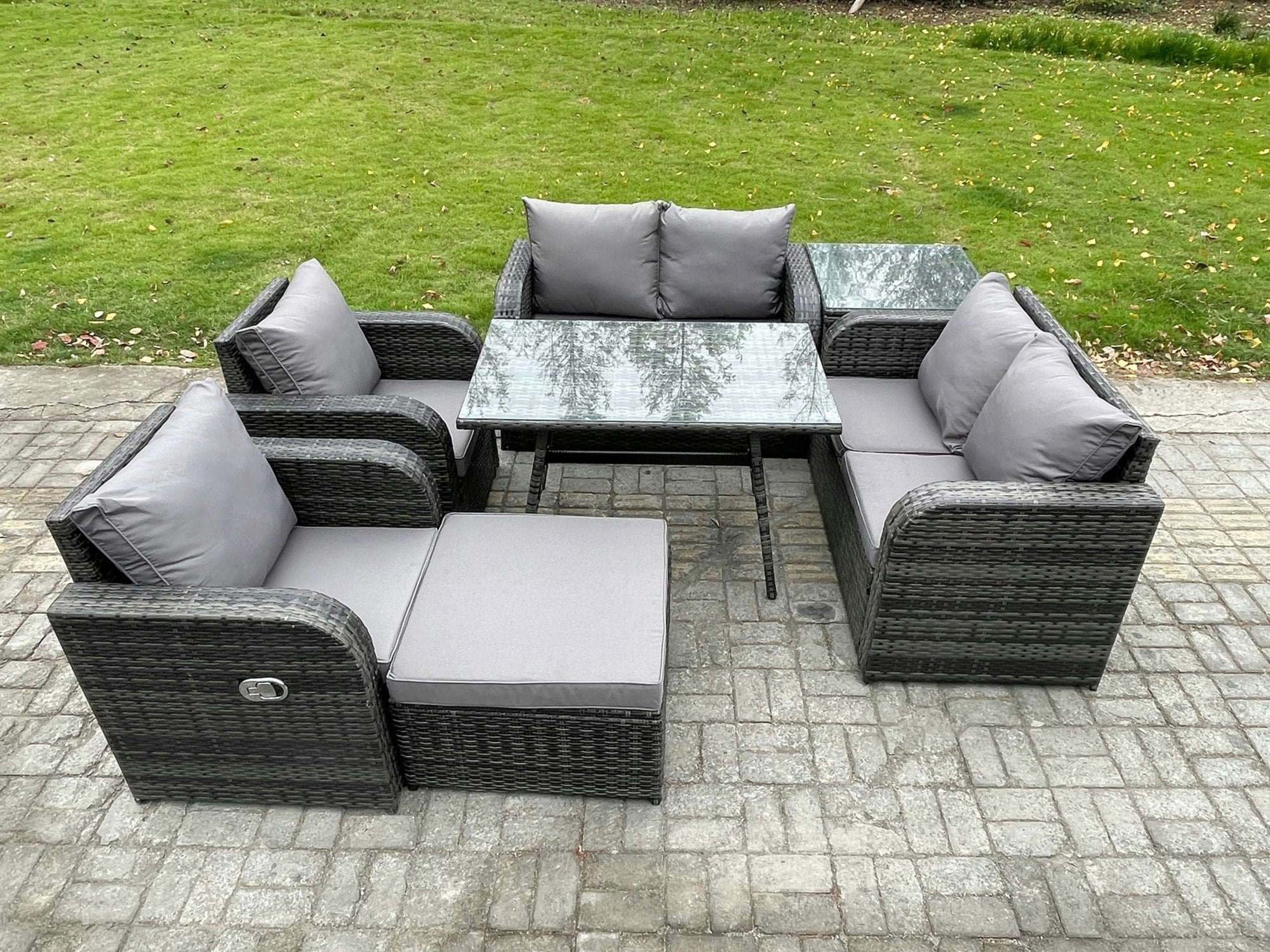 Fimous Dark/Grey Wicker Pe Rattan Garden Dining Set Outdoor Furniture Sofa With Rectangular Dining Table Big Footstool Side Table Mixed