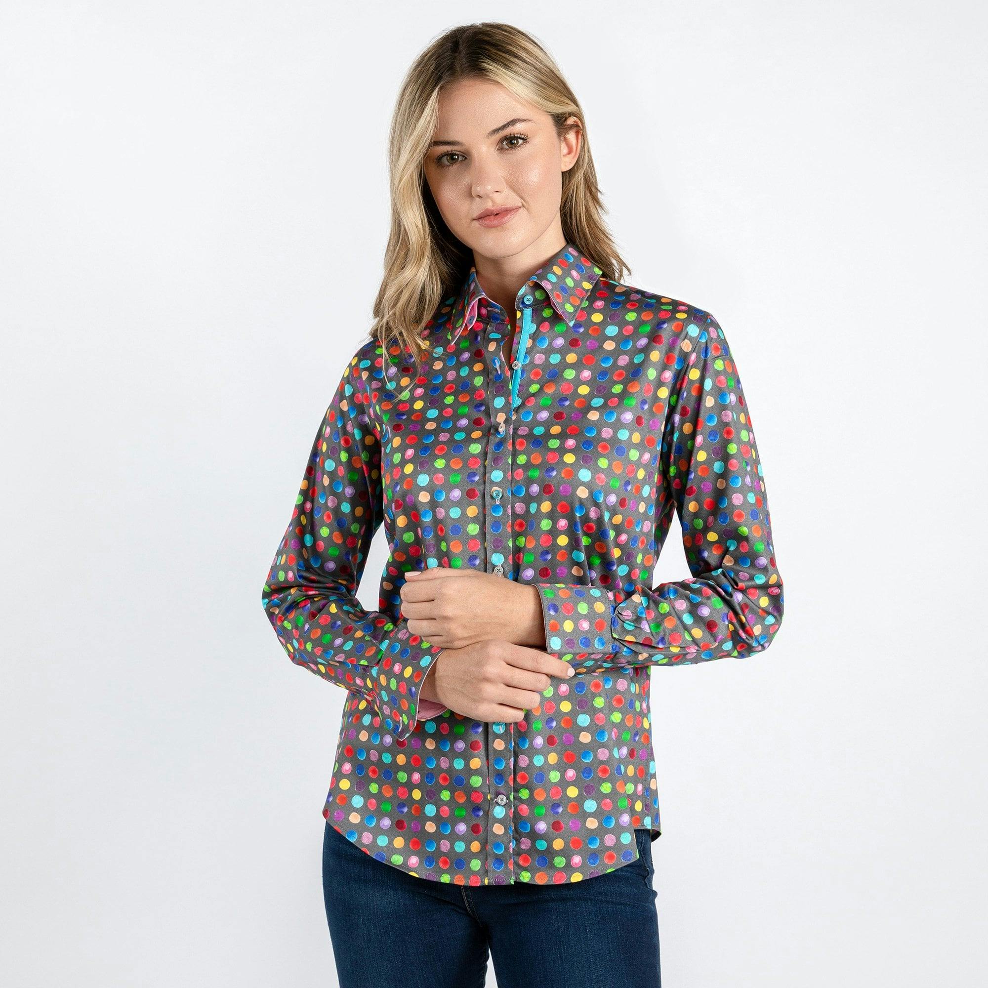 Claudio Lugli Women's Grey Multicolour Small Polkadot Print Shirt - 14.0
