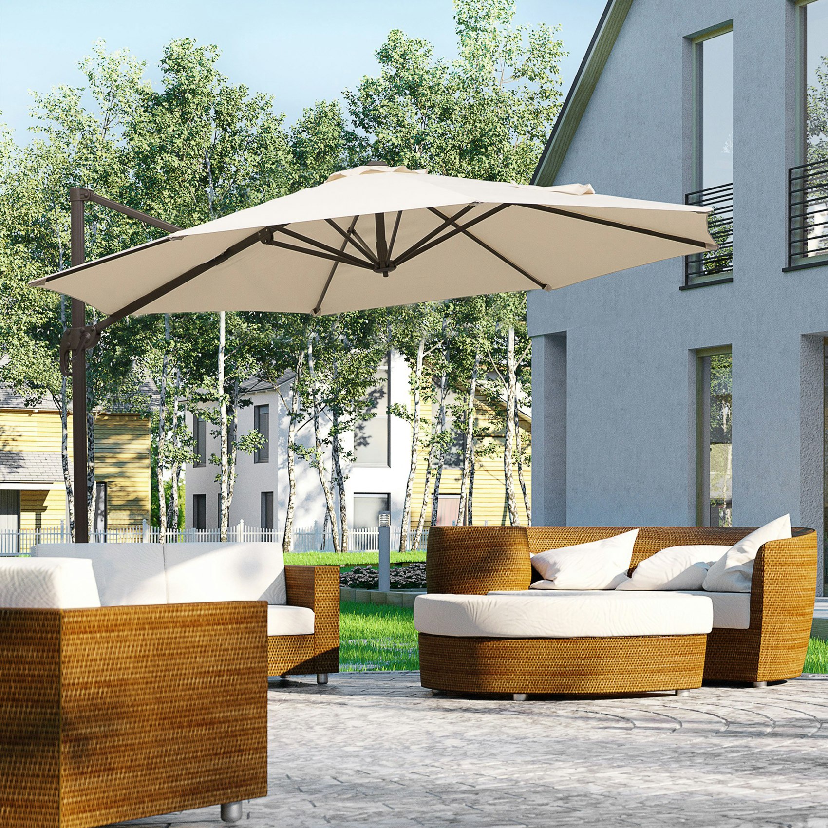 Rackhams Beige 3M Cantilever Parasol, Hanging Garden Umbrella Sun Shade With 360° Rotation, Aluminium Frame, Cross Base, Hand Crank, - Φ2.95 X 2.5H (M)