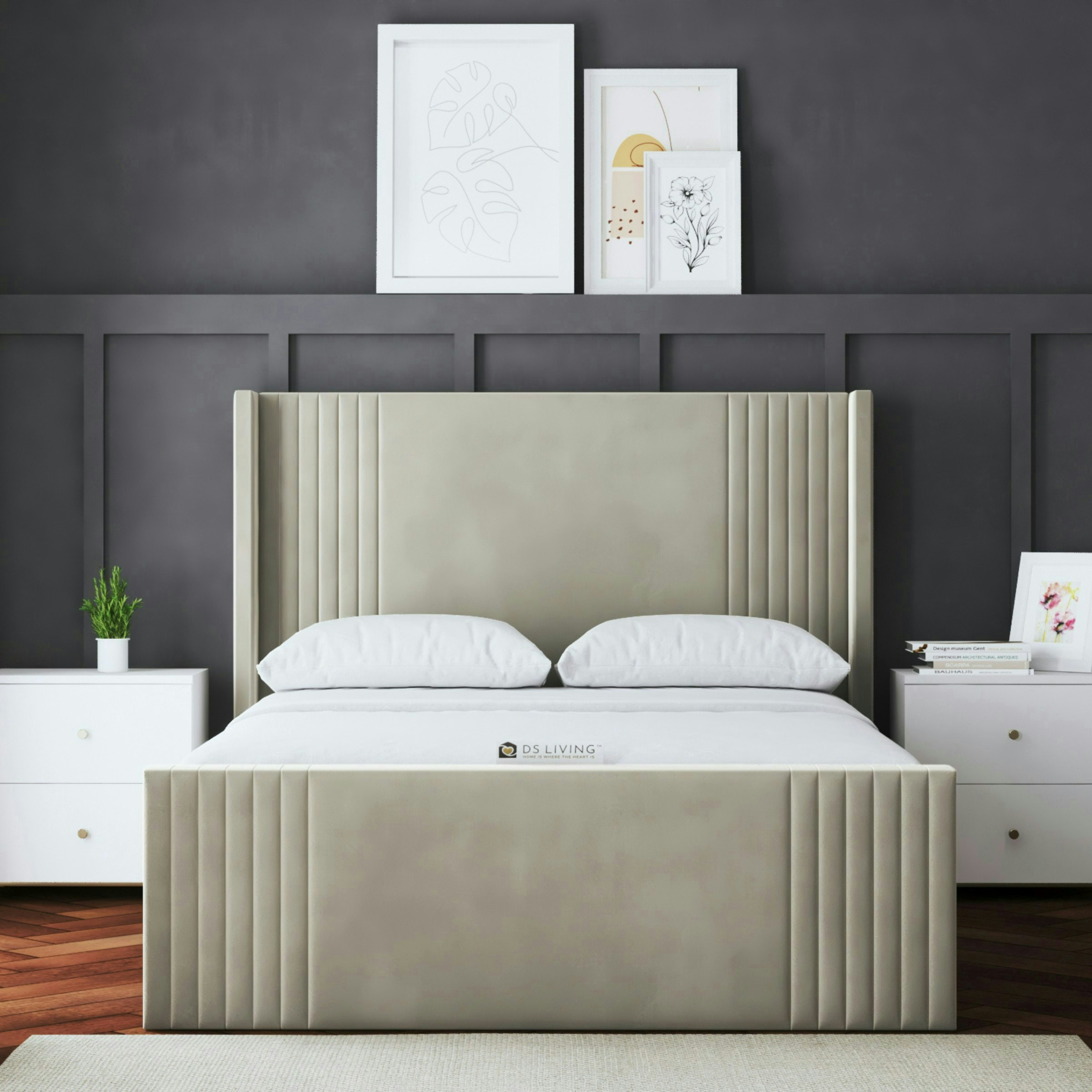 Ds Living Beige Elara Divan Bed With Winged Panel Headboard - King / 5Ft