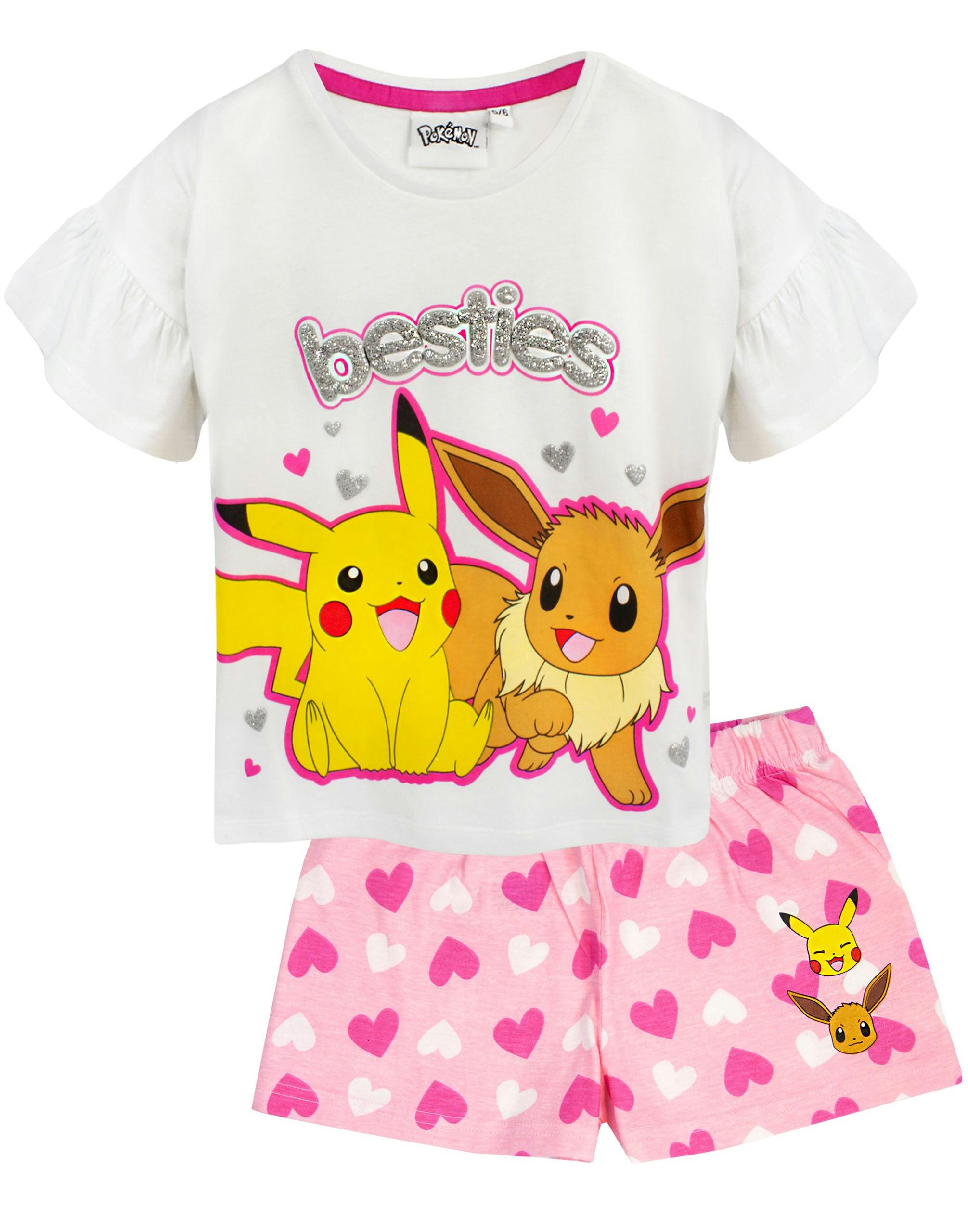 Vanilla Underground Unisex White Pokemon Kids Pikachu, Eeevee Short Sleeve Short Leg Pyjama Set - 5-6 Years
