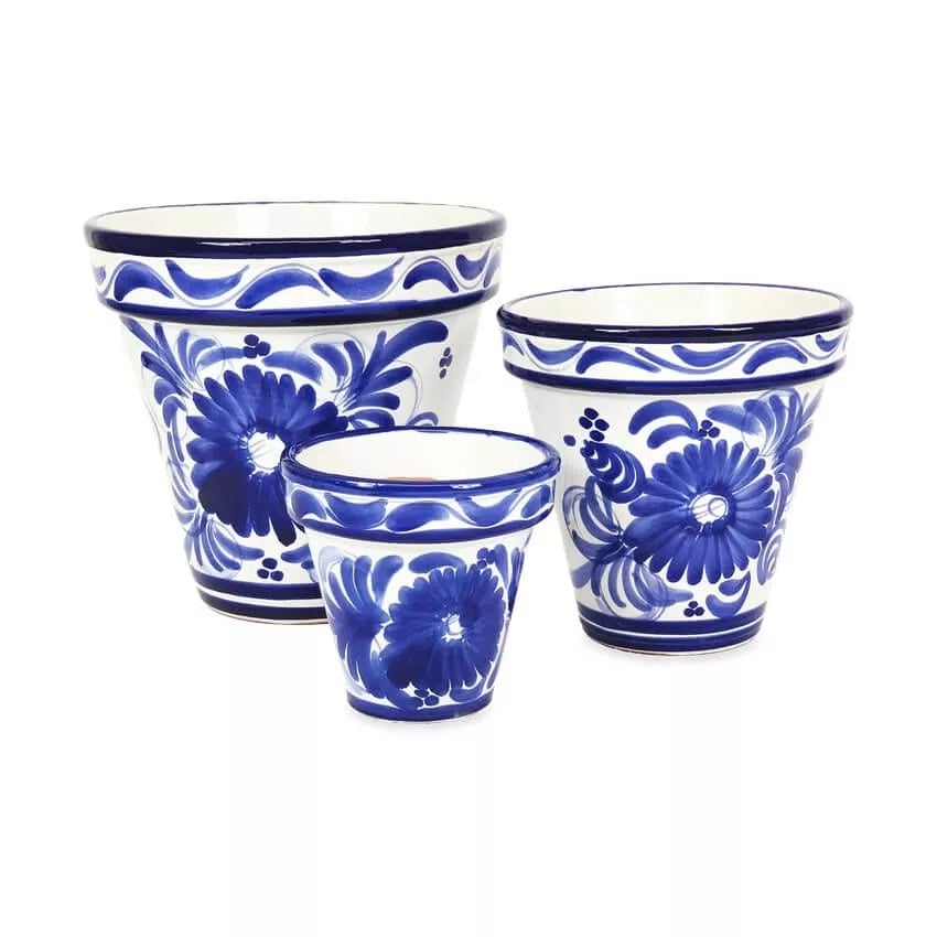 Rackhams Blue Classic Floral Plant Pots - Set Of 3 - 3 X Classic Pots - Terracotta