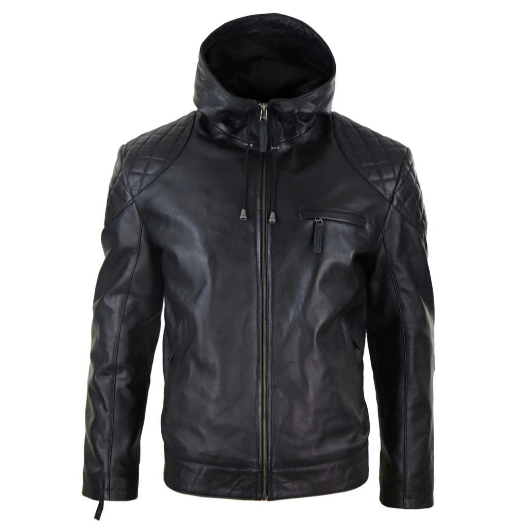 Infinity Leather Men's Black Leather Company Hood Biker Jacket Genuine Leather Casual Zip Retro Urban - 4XL