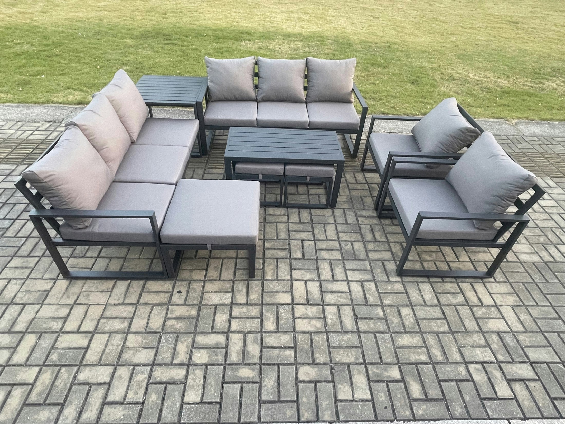 Fimous Dark/Grey Aluminium Outdoor Garden Furniture Lounge Sofa 2 Pc Chairs Oblong Coffee Table Sets With Side Table 3 Footstools
