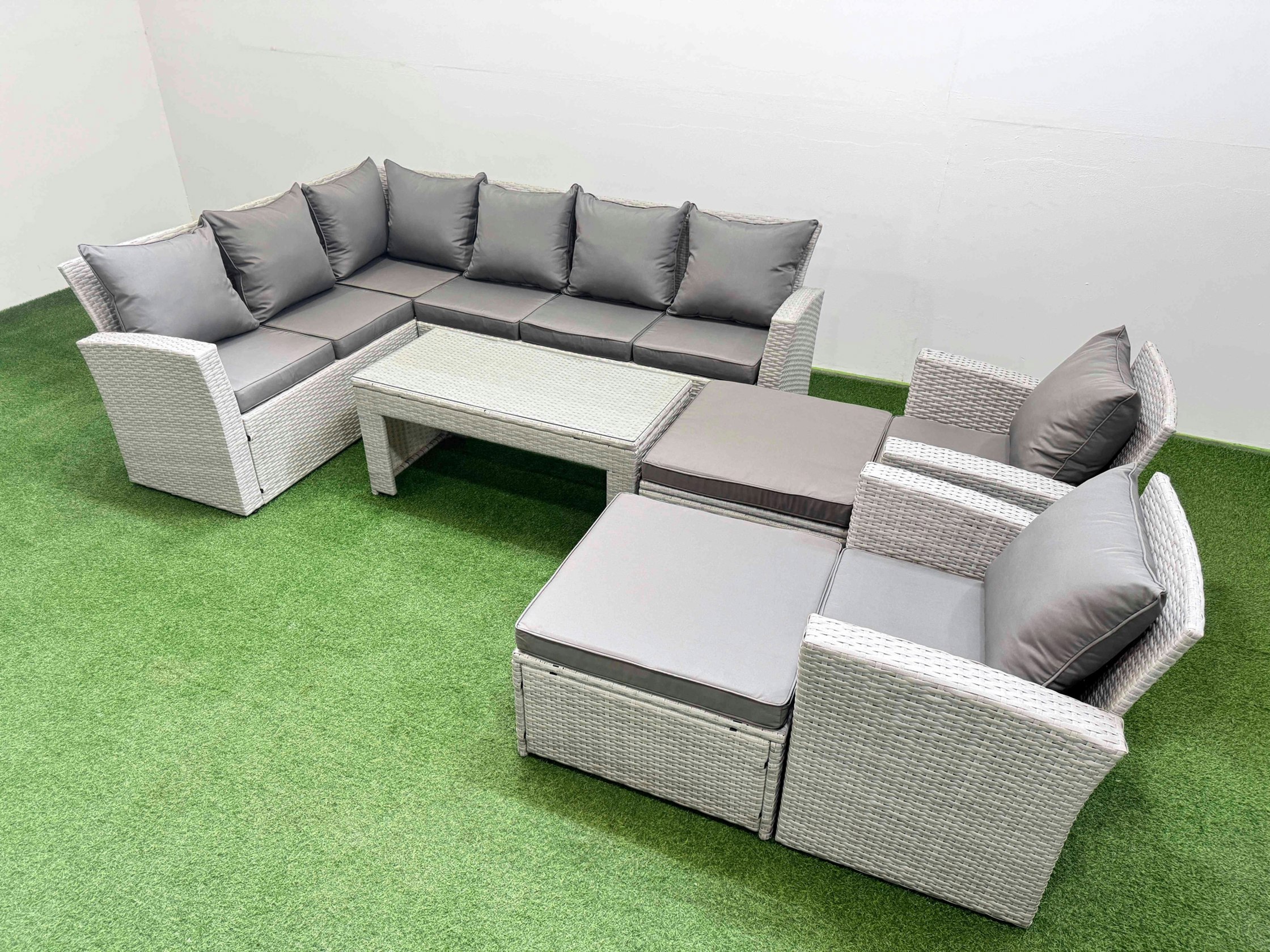 Rackhams Light/Grey Rattan Garden Furniture Set Outdoor 10 Seater Corner Sofa Sets With Oblong Coffee Table Chair Big Footstools Mixed