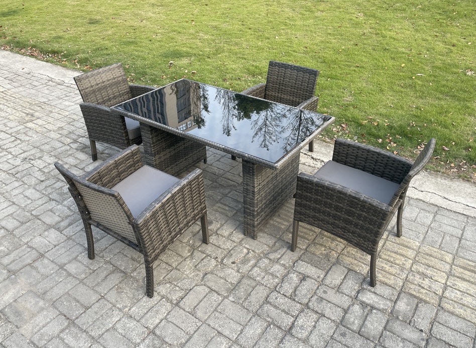 Fimous Dark/Grey Wicker Pe Outdoor Rattan Garden Furniture Arm Chair And Table Dining Sets 4 Seater Rectangular Table Mixed