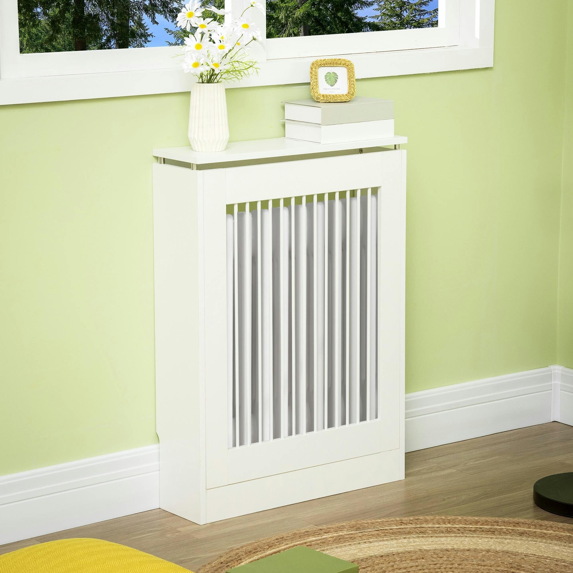Homcom Radiator Cover Vertical Slatted Mdf Steel For Heat Circulation White - Image 2