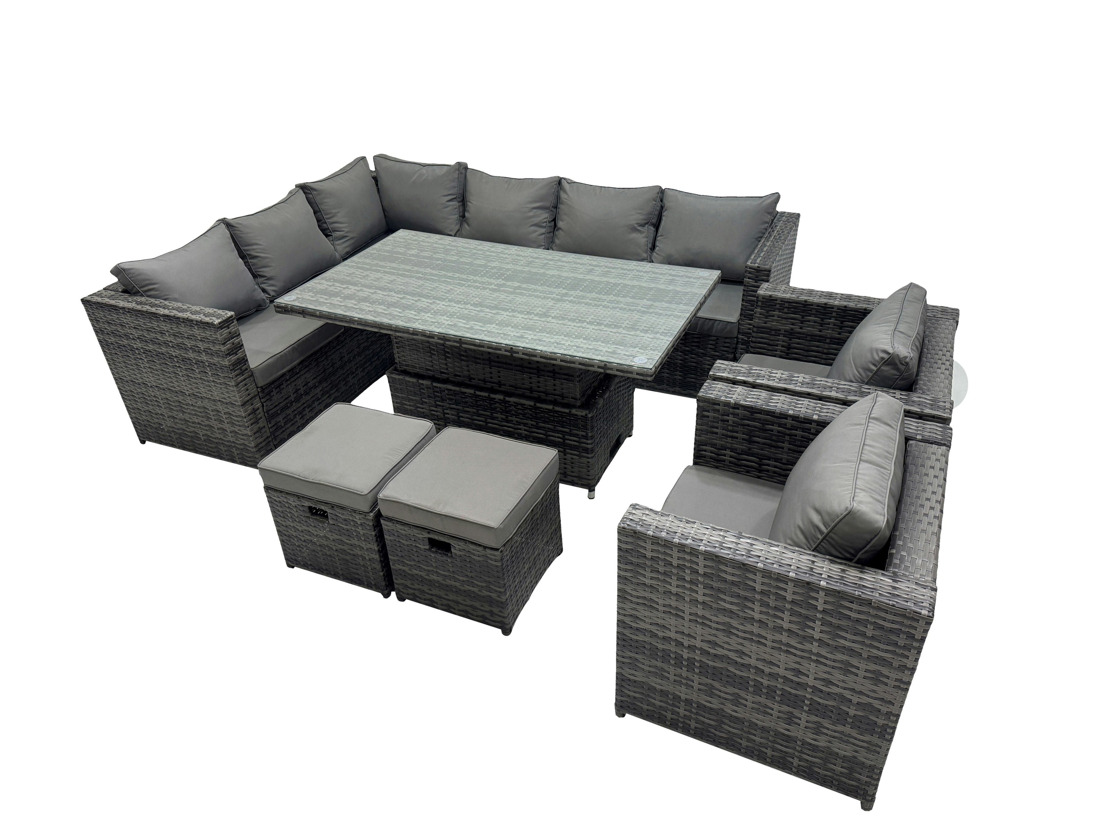 Rackhams Dark/Grey 10 Seater Height Adjustable Rising Lifting Table Corner Sofa Set Rattan Garden Furniture Dining Set With 2 Small Stool Mixed
