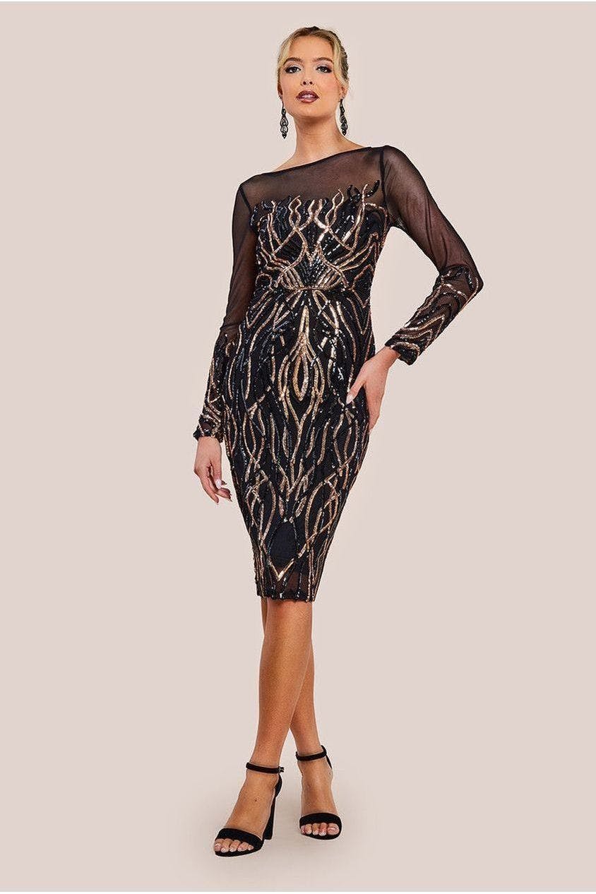 Goddiva Black Long Sleeve Sequin Flame Midi Dress - By - 10