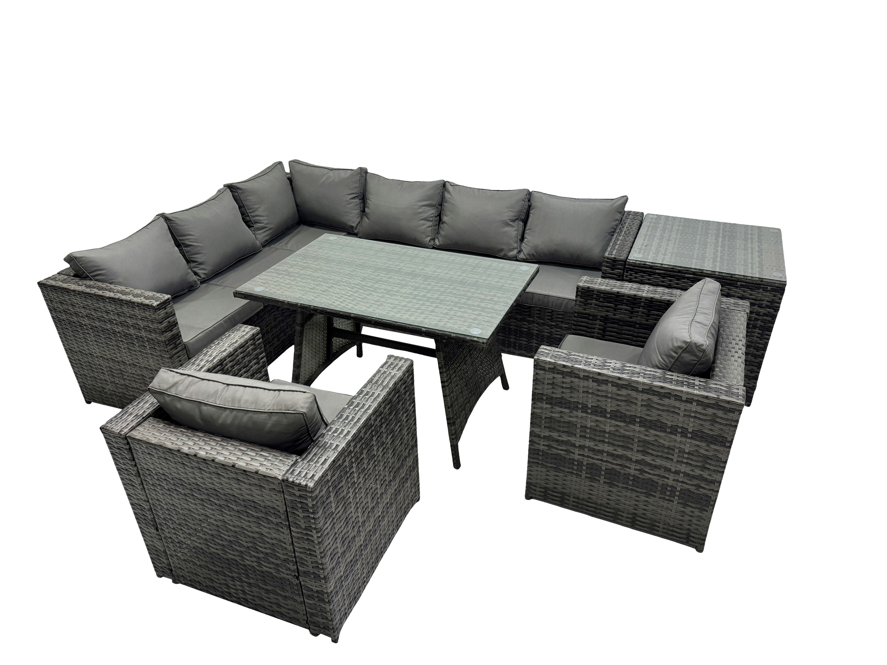 Rackhams Dark/Grey 8 Seater Outdoor Pe Rattan Sofa Set With Dining Table Patio Garden Furniture Sets With 2 Chair Side Table Mixed
