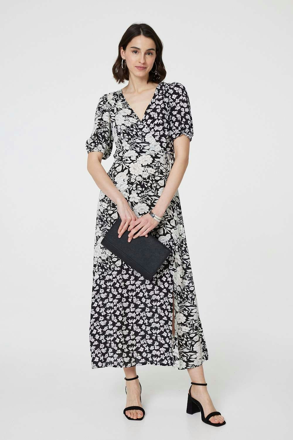 Izabel London Black/White Floral 1/2 Sleeve Midi Wrap Dress - And - 10
