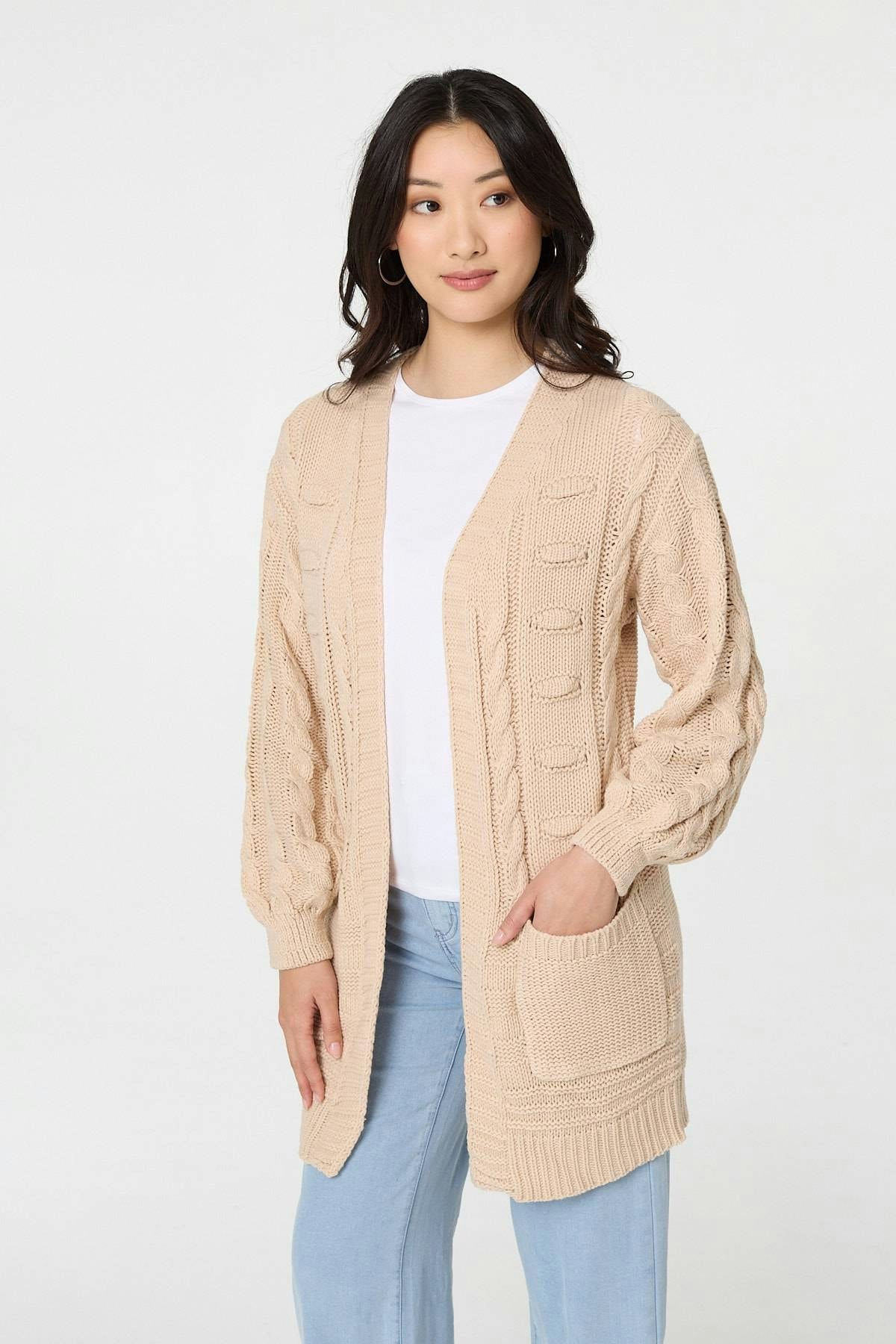Izabel London Beige Longline Cable Knit Texture Cardigan - S/M