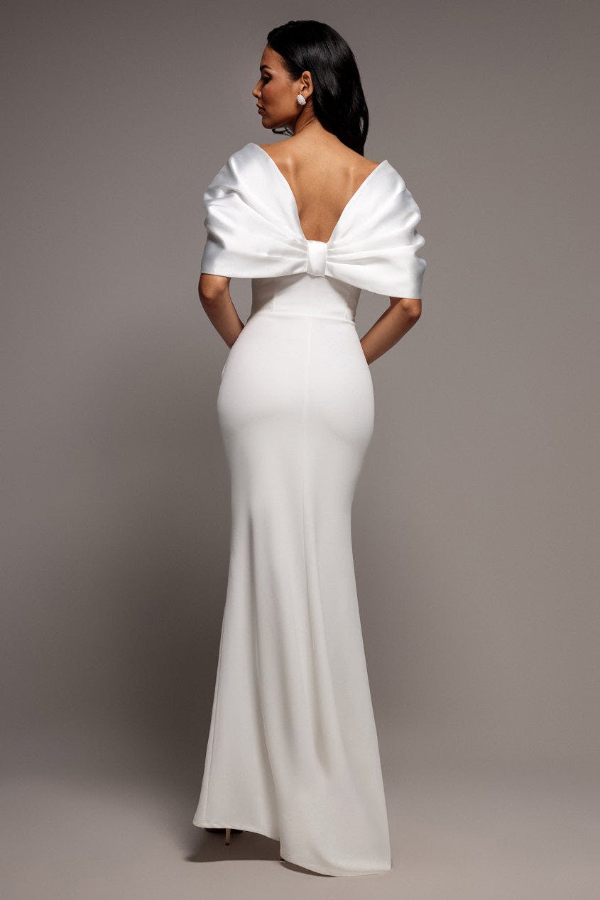 Goddiva White Off Shoulder Back Satin Bow Scuba Maxi Dress - By - 12