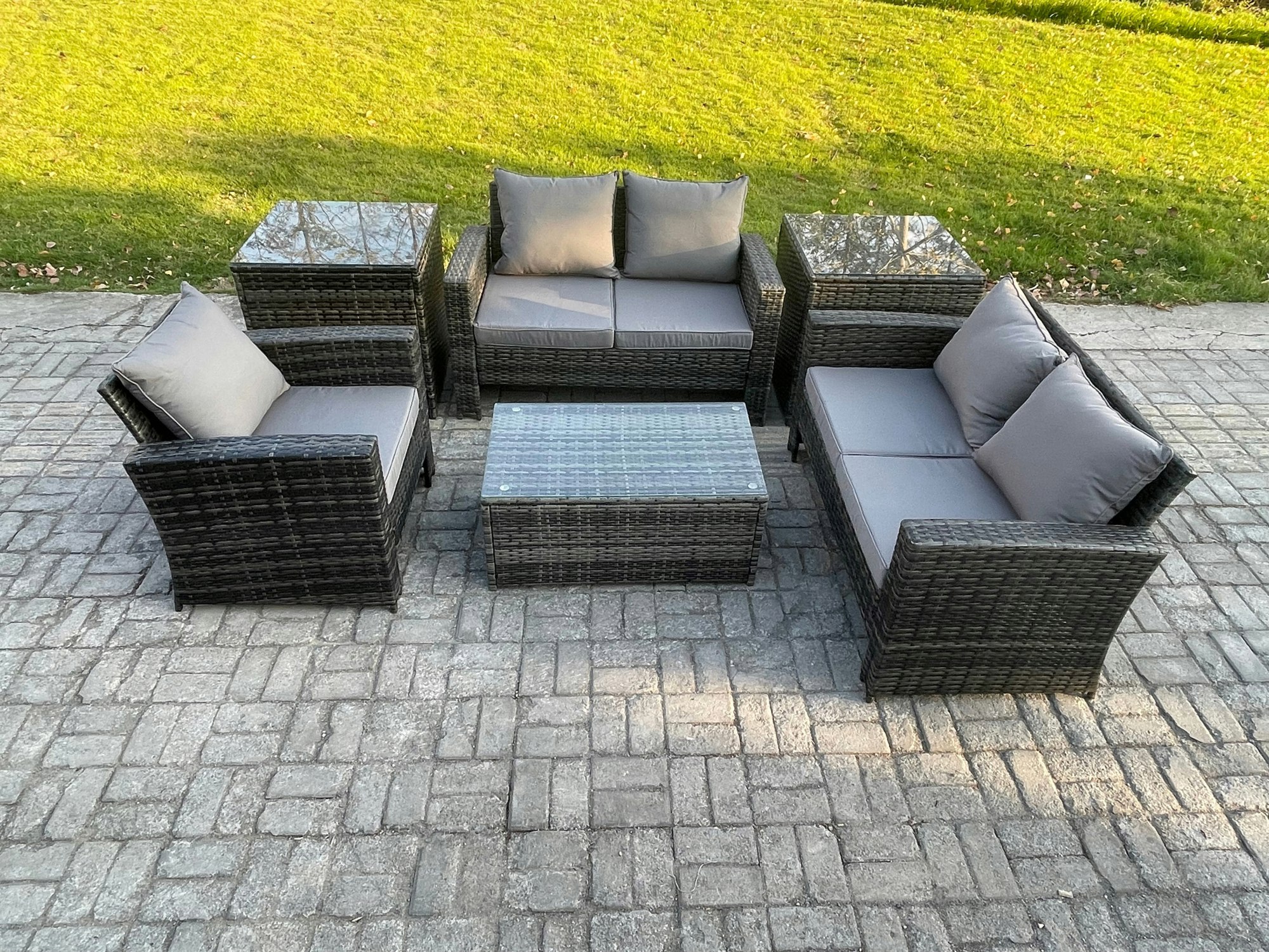 Fimous Dark/Grey Rattan Garden Furniture Set 5 Seater Patio Outdoor Lounge Sofa Chair Set With 2 Side Tables Rectangular Coffee Table Mixed