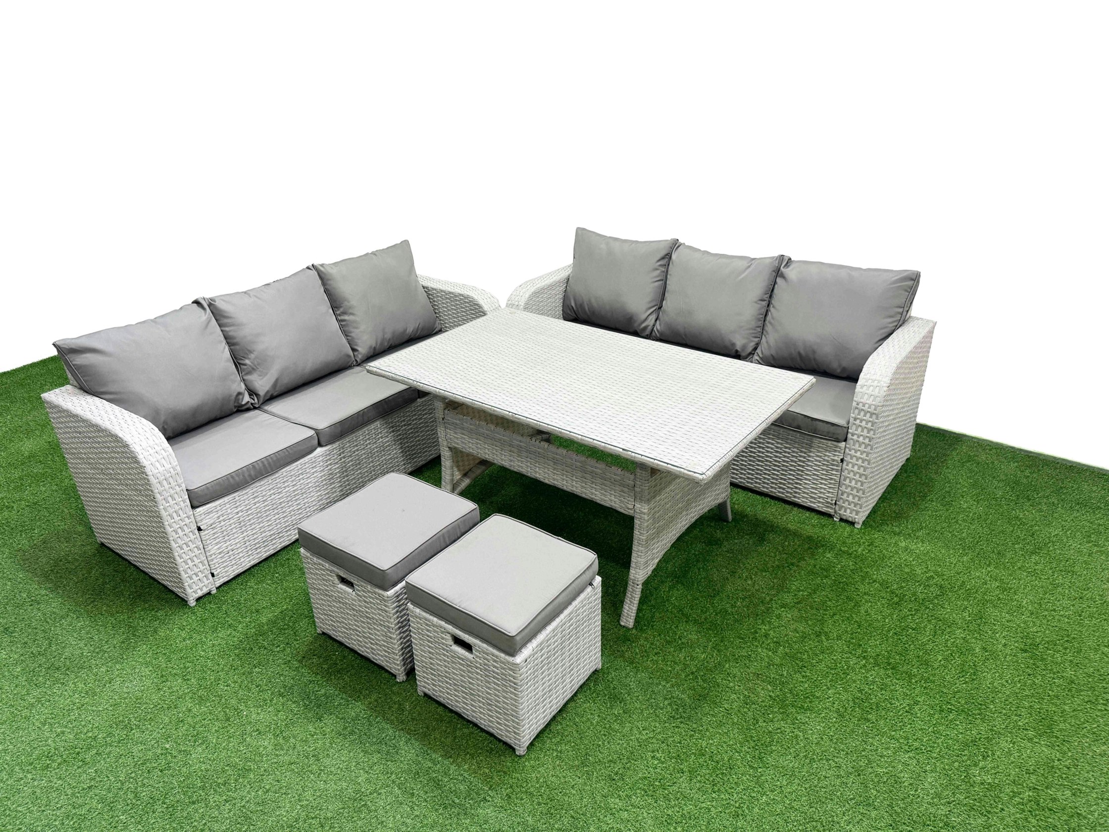 Rackhams Light/Grey Outdoor Garden Furniture Sets 8 Seater Wicker Rattan Furniture Sofa Sets With Rectangular Dining Table High Back Lounge Sofa Stools
