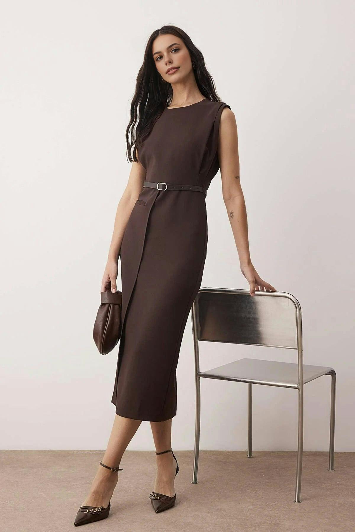 Wovcor Brown Belt Detailed Woven Midi Dress - 12