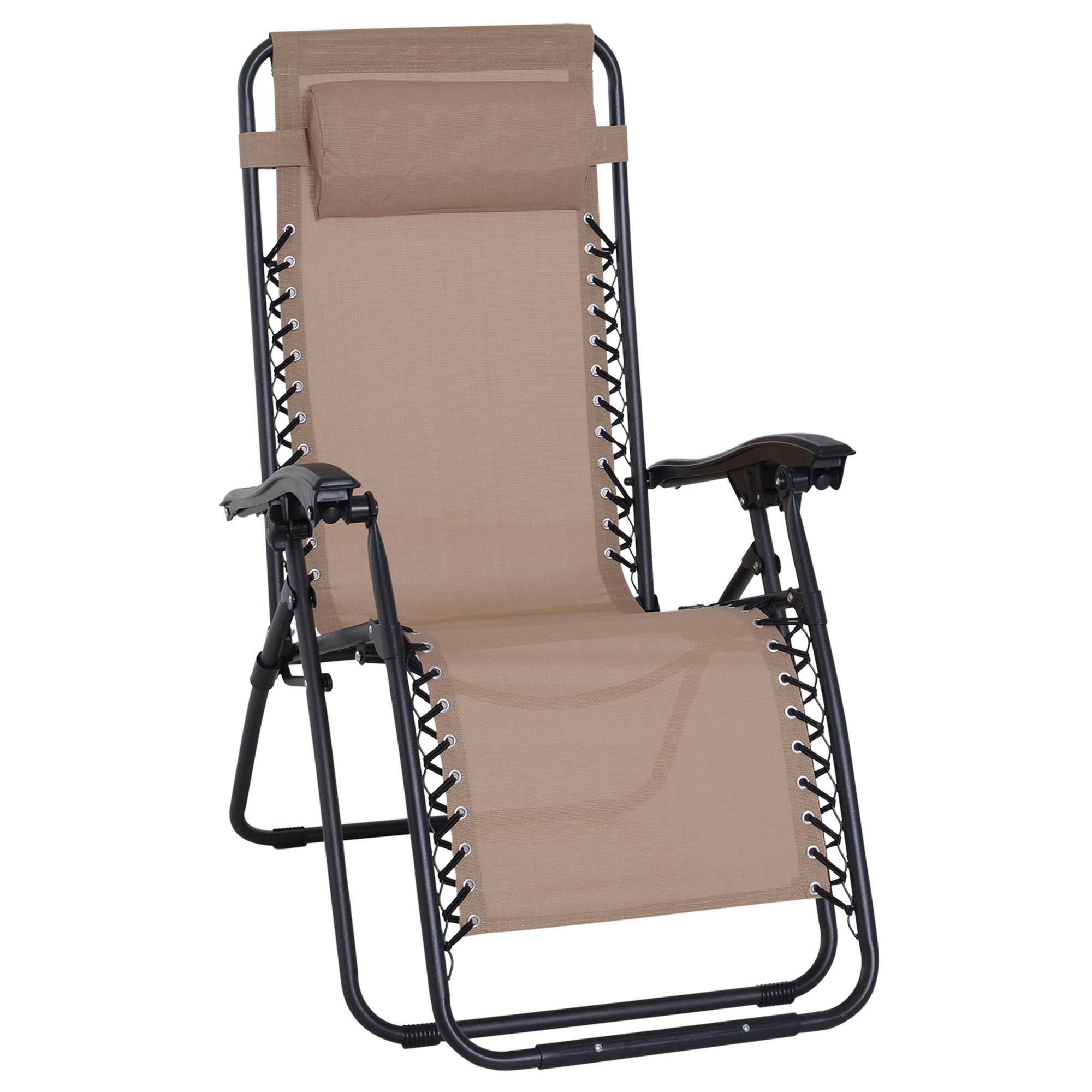 Rackhams Black/Beige Metal Frame Zero Gravity Lounger W/ Head Pillow For Patio Decking - Steel Frame, Texteline - 90Cm X 65Cm X 110Cm