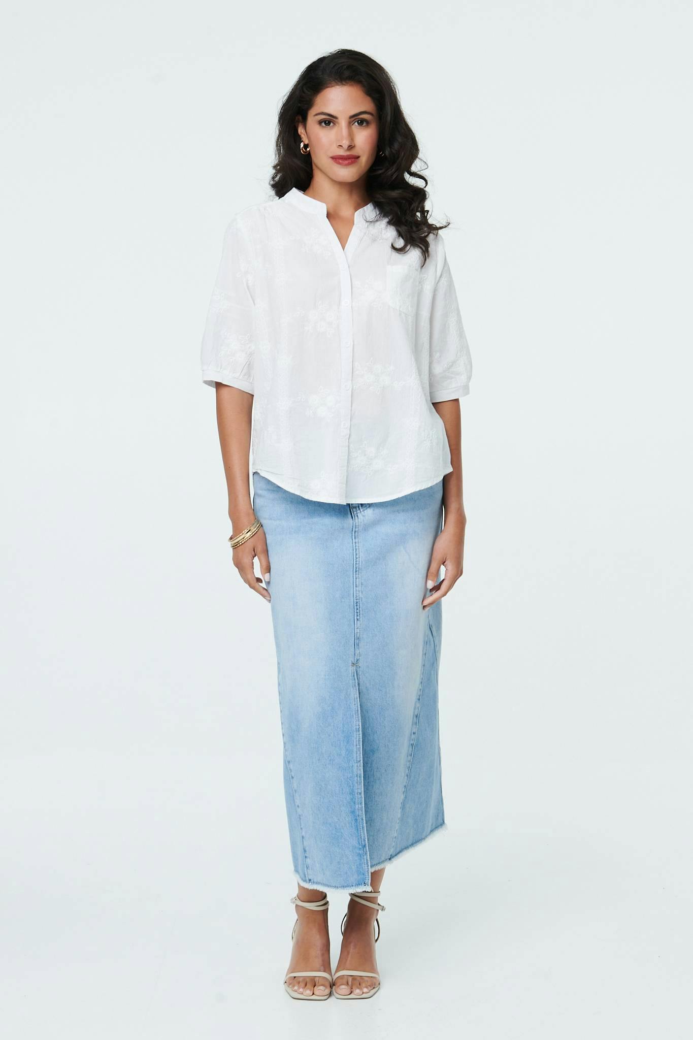 Izabel London White Floral Embroidered 1/2 Sleeve Shirt - M/L