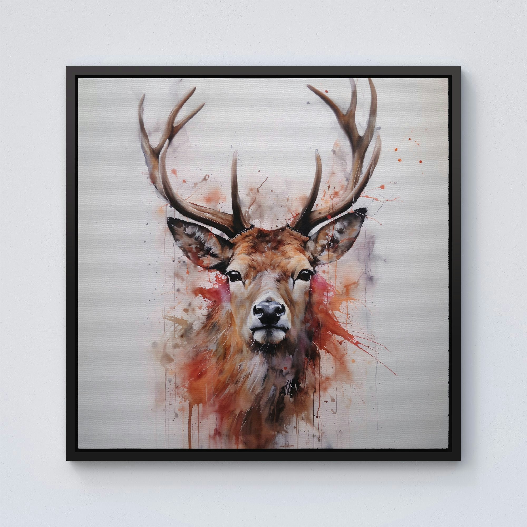 Warren Reed Black Watercolour Splash Art Stag Face Framed Canvas - 30" X 30"