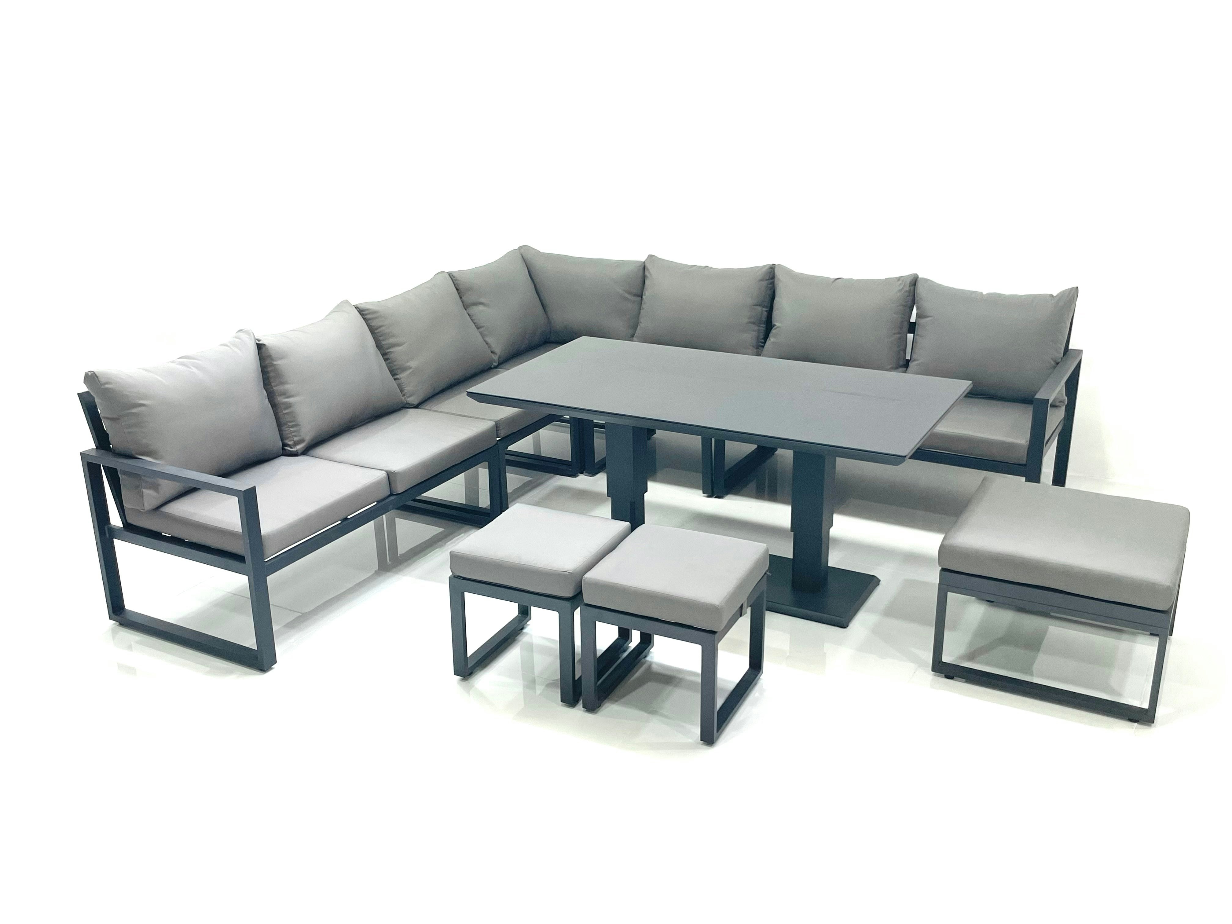 Fimous Dark/Grey 10 Seater Outdoor Aluminium Garden Furniture Set Corner Sofa 3 Footstools Adjustable Rising Lifting Dining Table Sets