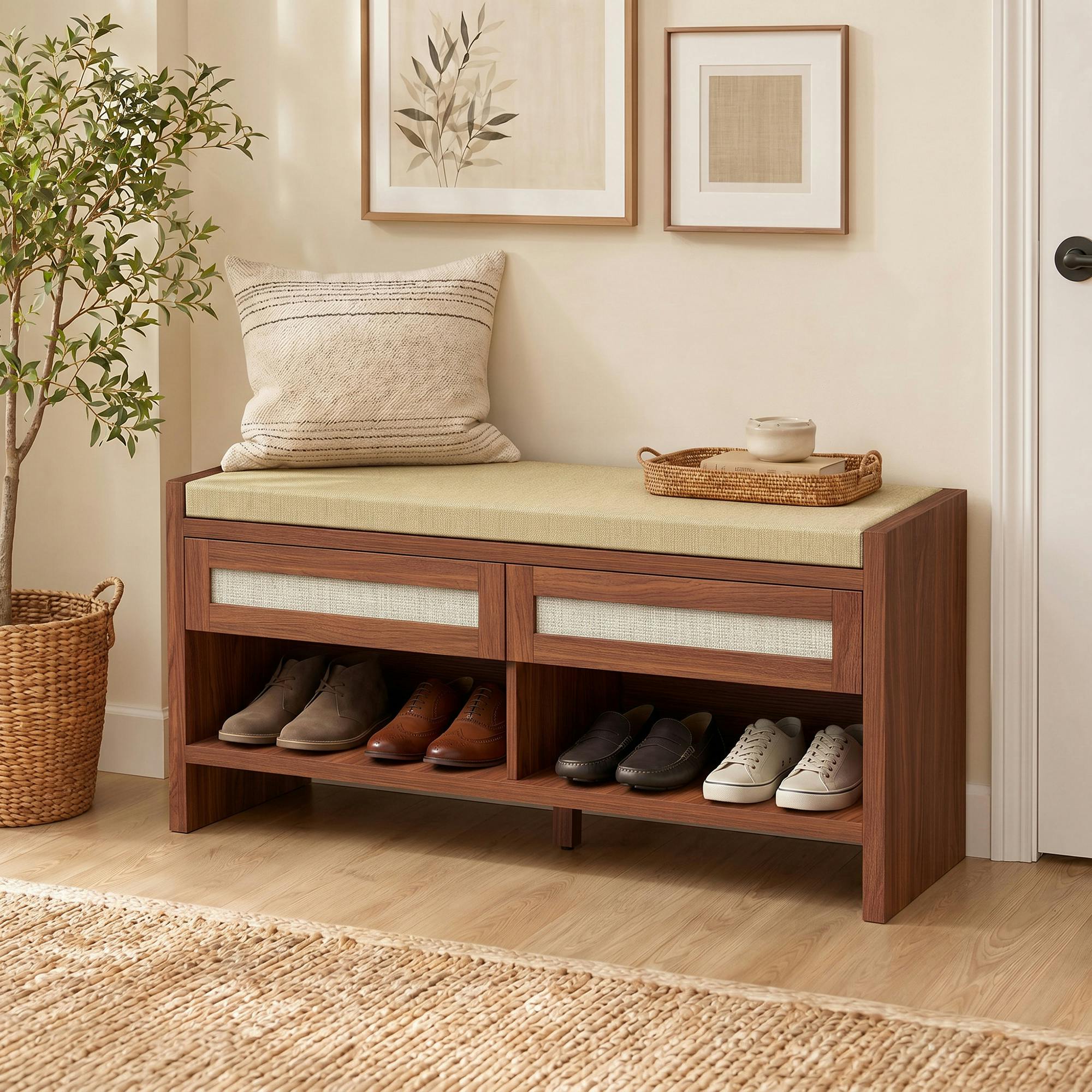 Rackhams Brown Shoe Bench With 2 Rattan Drawers Cushion