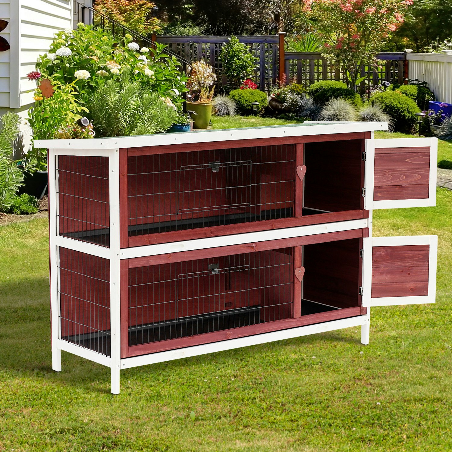 Pawhut Two-Tier Rabbit Hutch Large Elevated Wooden Bunny Cage W/ Removable Tray