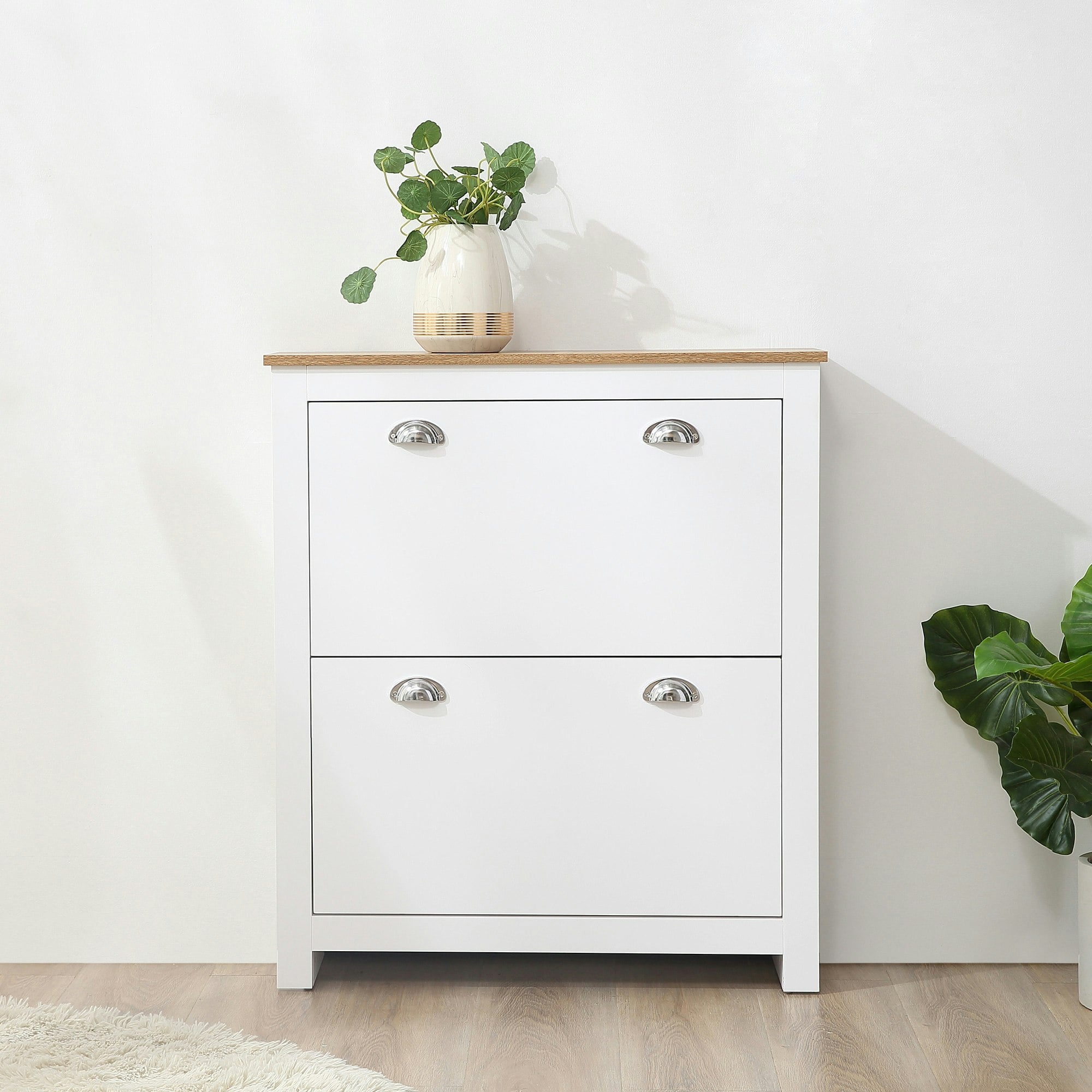 Rackhams White 2 Drawer Shoe Cabinet Narrow Shoe Cupboard With Flip Doors