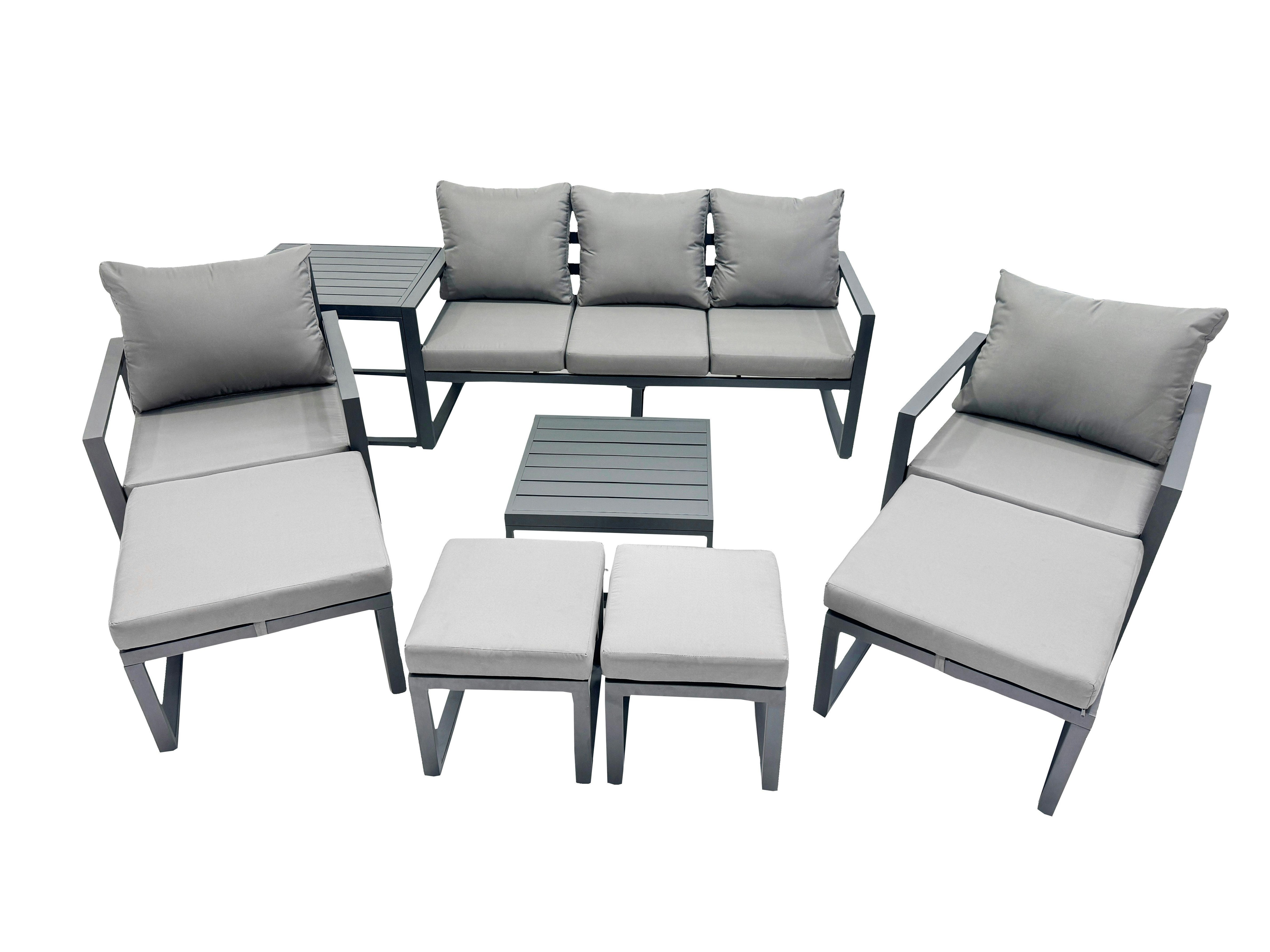 Fimous Dark/Grey Outdoor Garden Furniture Set Aluminium Lounge Sofa Square Coffee Table Sets With 4 Stools Side Table