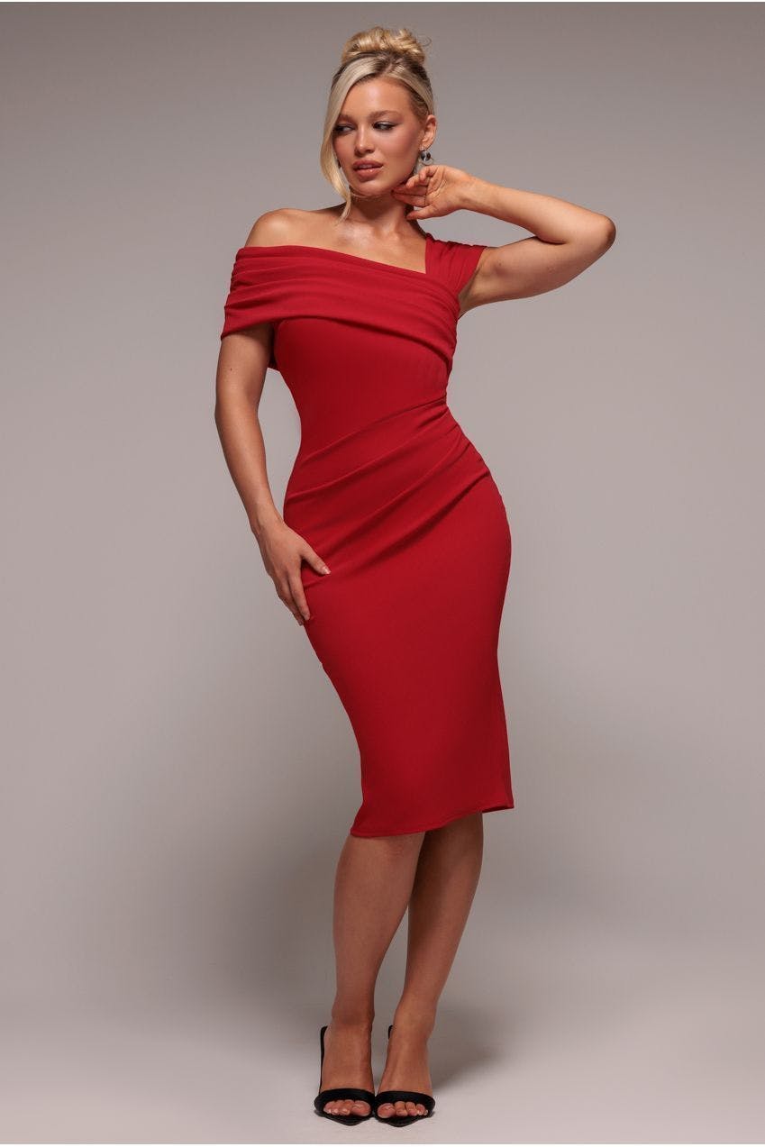 Goddiva Red Scuba Crepe Pleated Drop Shoulder Midi Dress - By - 8