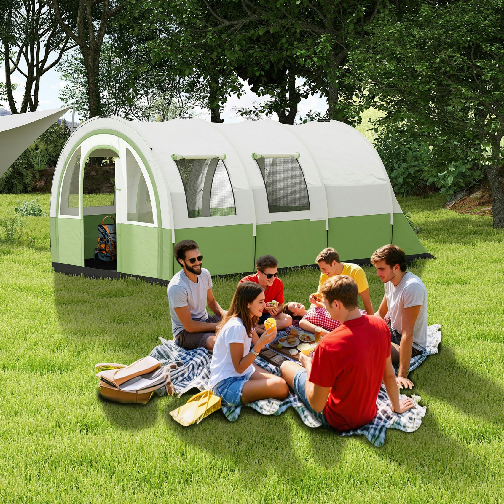Outsunny Green Camping Tent, 3000Mm Waterproof Family Tent For 5-6 Man,