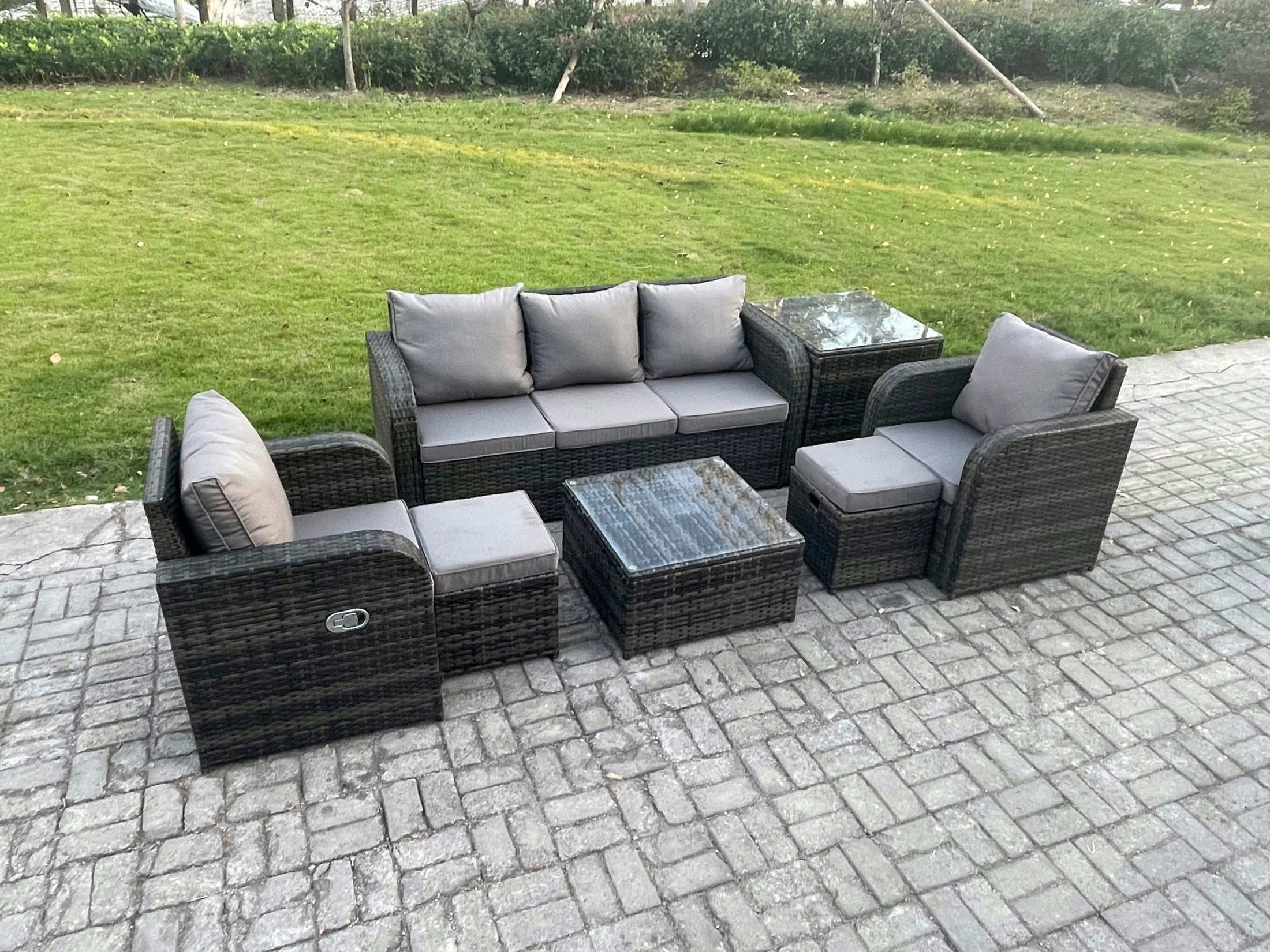 Rackhams Dark/Grey 7-Seater Rattan Garden Sofa Set - Mixed Wicker Patio Furniture With Reclining Chair & 2 Small Footstools