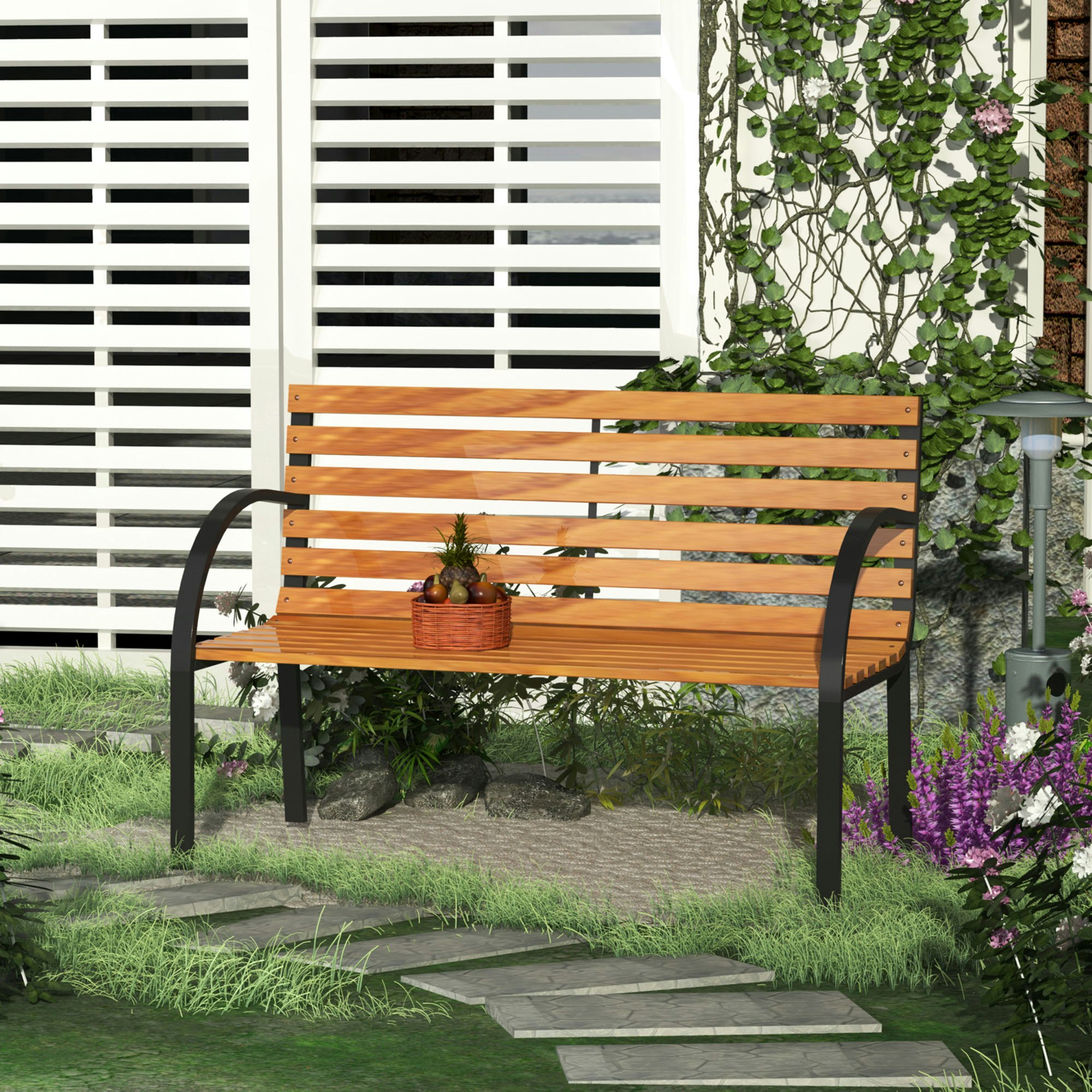 Rackhams 2 Seater Garden Bench Metal Wooden Slatted Seat Backrest Patio Chair