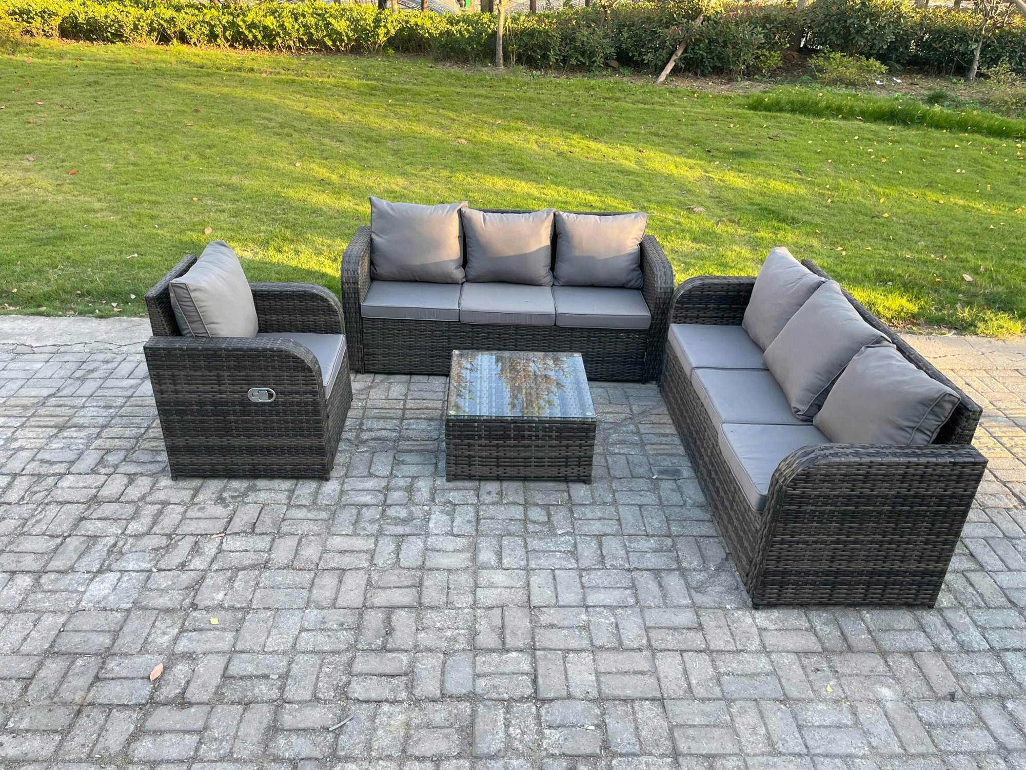 Rackhams Dark/Grey Outdoor Rattan Garden Furniture Set Conservatory Patio Sofa Coffee Table With Reclining Chair Mixed