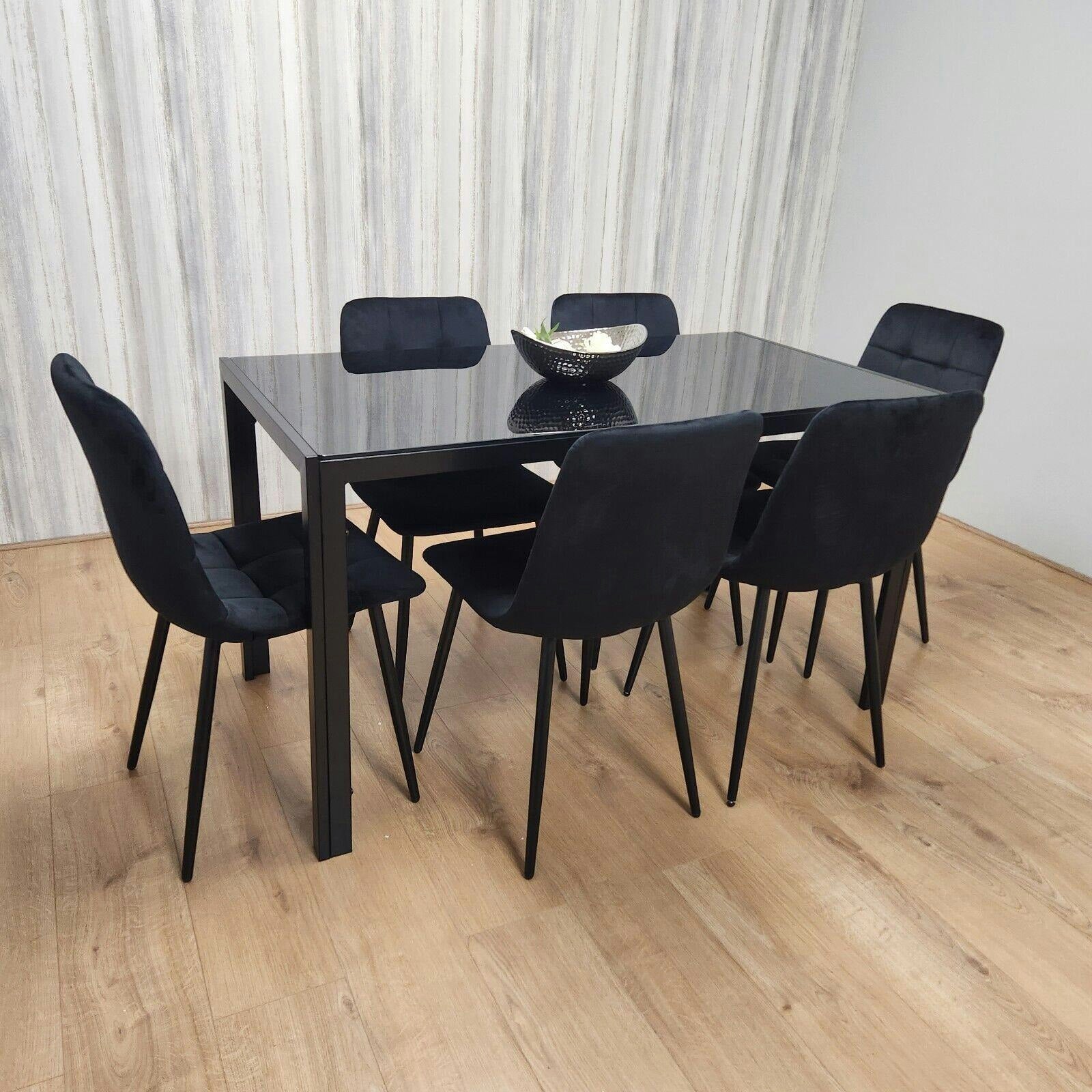 Portland 6 Seater Velvet Dining Set Black - Glass Table & Metal Legs - Modern Dining Furniture - Image 4
