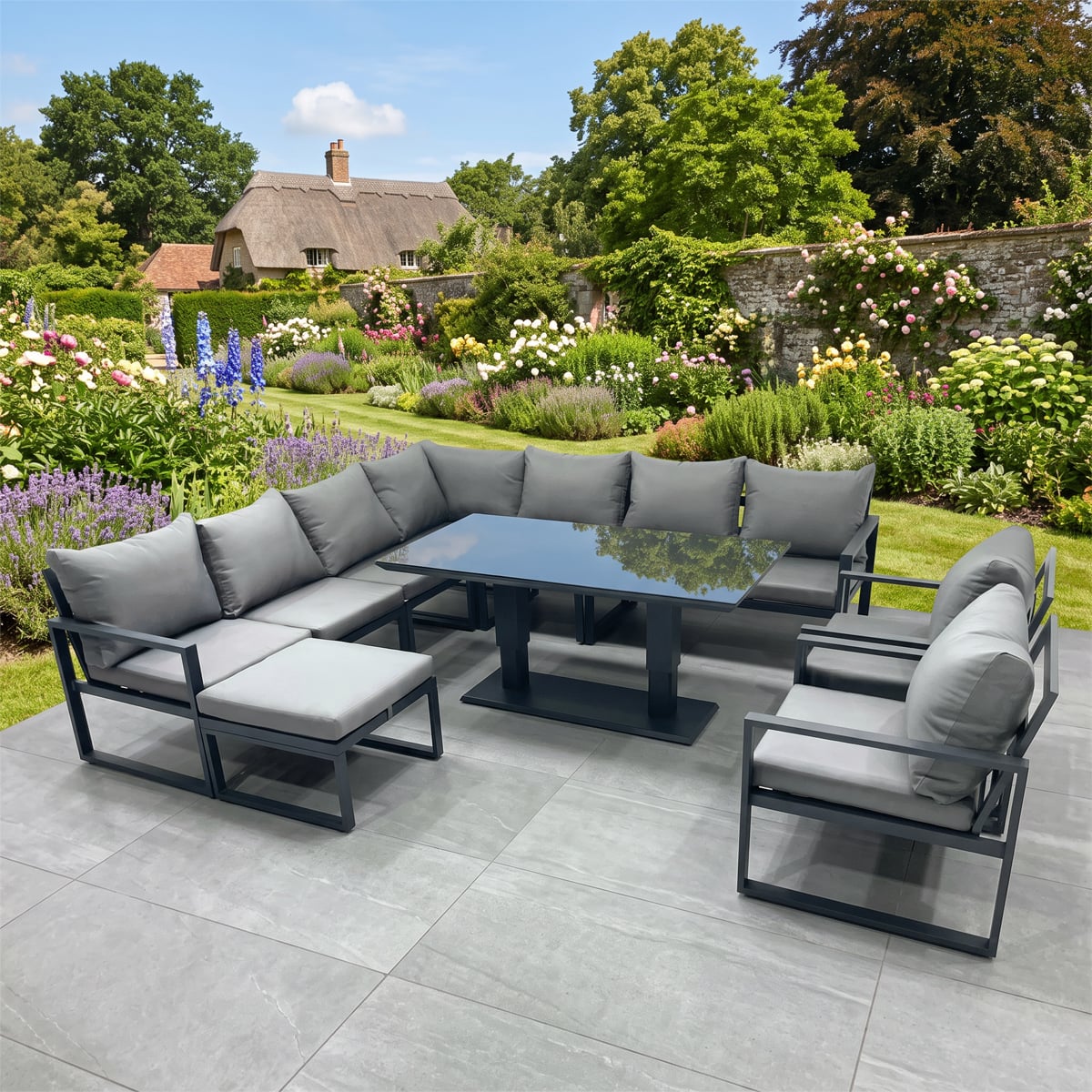 Rackhams Dark/Grey 10 Seater Outdoor Aluminum Garden Furniture Set Corner Sofa Big Footstool 2 Chairs Adjustable Rising Lifting Dining Table Sets