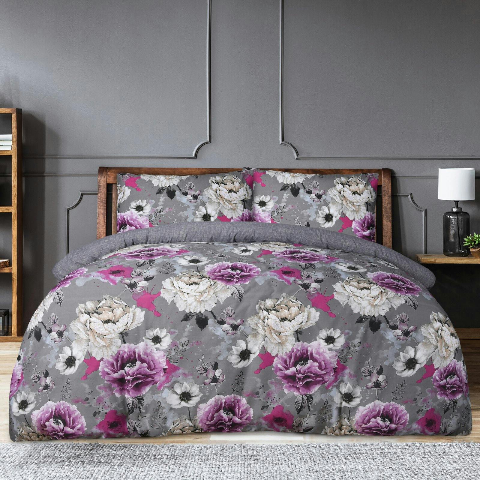 Rackhams Grey Reversible Polycotton Inky Floral Duvet Cover And Pillowcase Set - King (220Cm X 235Cm)