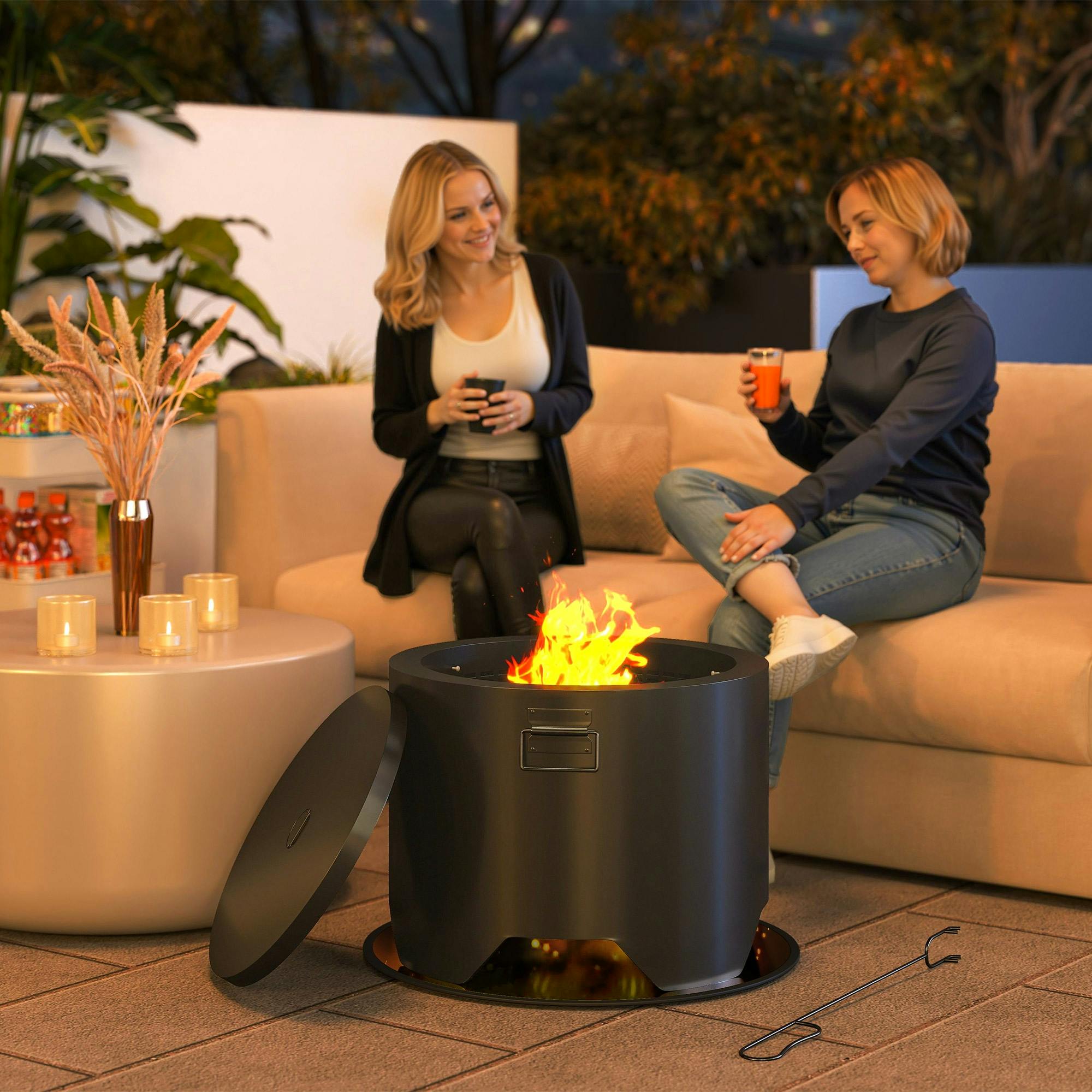 Outsunny Black Outdoor Round Fire Pit With Lid, Firepit With Fire Poker,