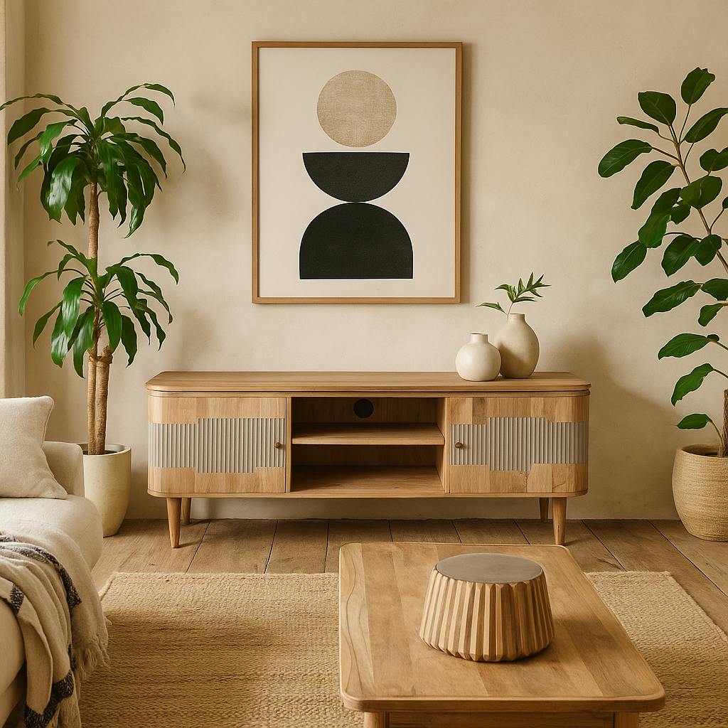 Wyld Haus Grey/Grain Idaho Natural Acacia Wood And Brass Two Door Tv Unit