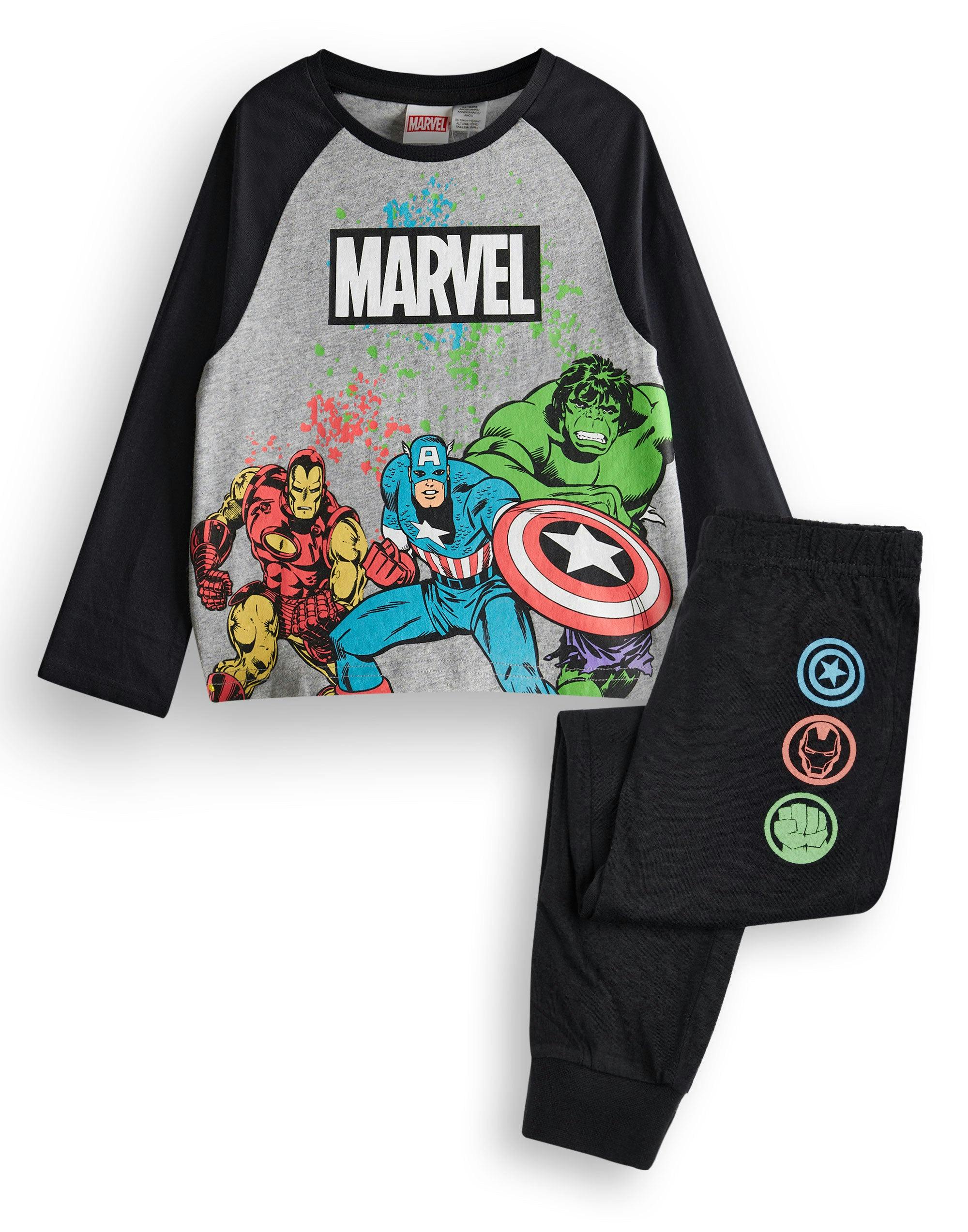 Vanilla Underground Boys Black Marvel Hulk Captain America Ironman Long Sleeve Long Leg Pyjama Set - 3-4 Years