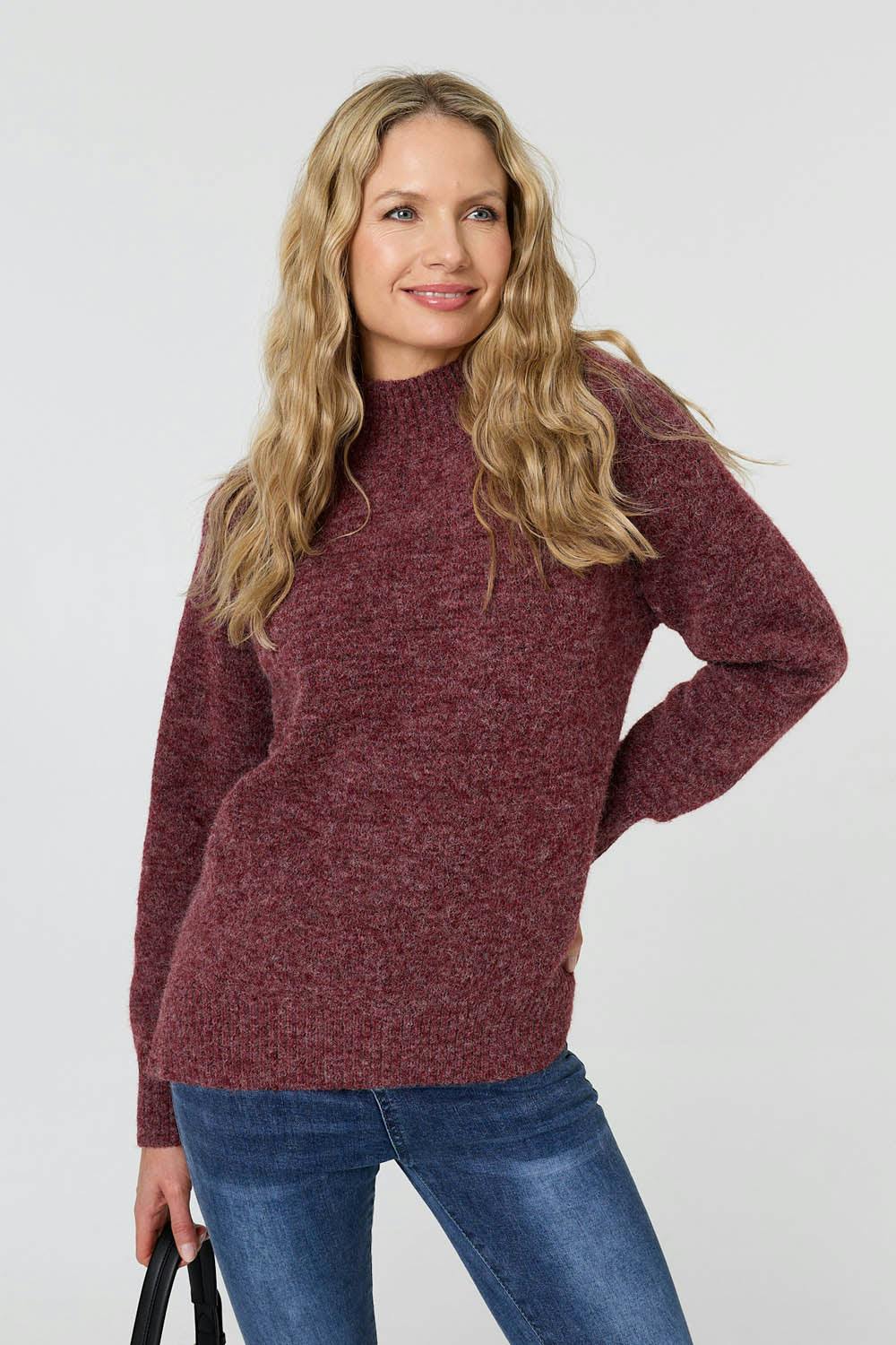 Izabel London Burgundy Textured High Neck Long Sleeve Jumper - 14