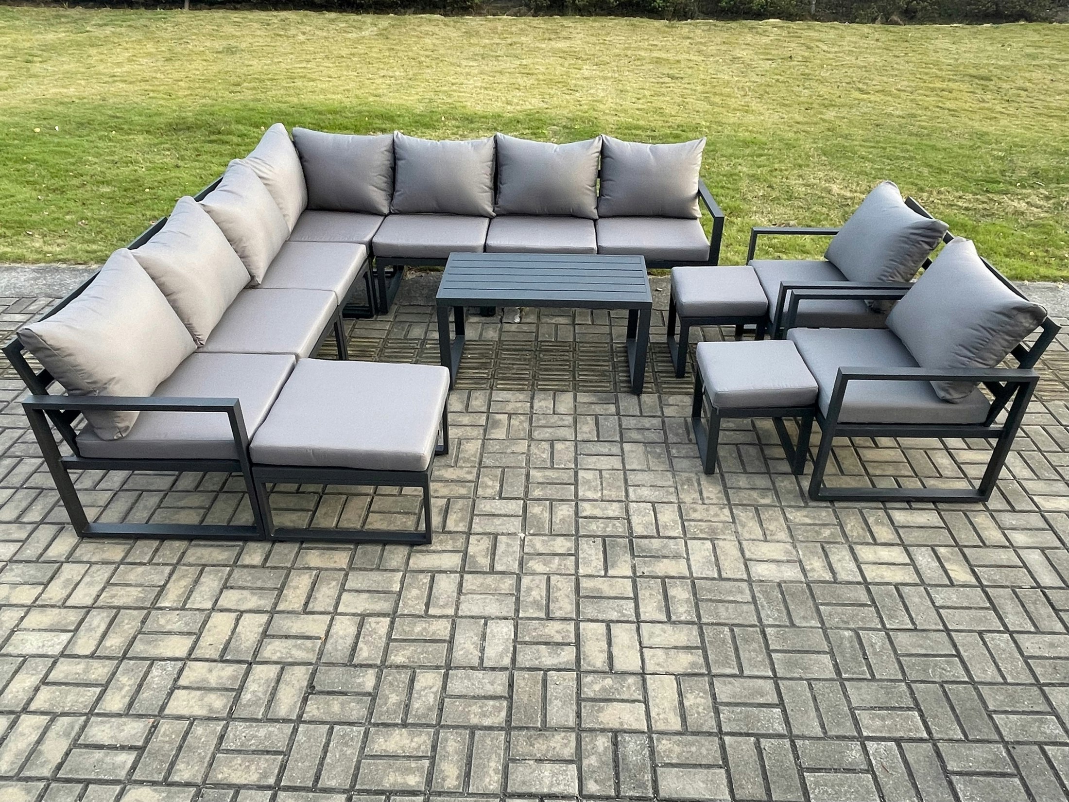 Rackhams Dark/Grey Aluminium Outdoor Garden Furniture Set Lounge Corner Sofa Oblong Coffee Table 2 Pcs Chair Sets With 3 Footstools