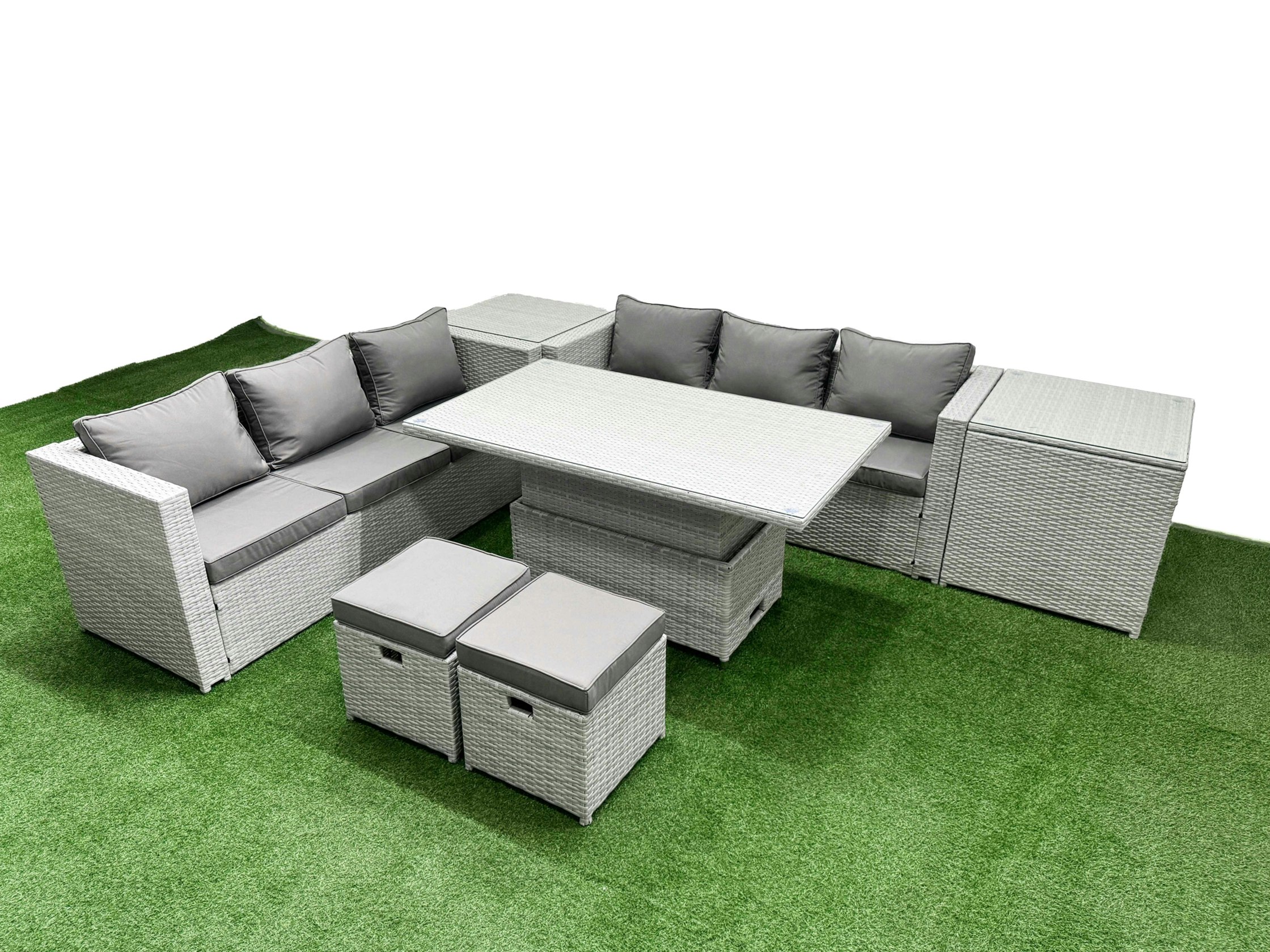 Rackhams Light/Grey 7 Pcs Rising Dining Table Set Rattan Furniture Set With 3 Seater Sofa 2 Small Footstools 2 Side Table