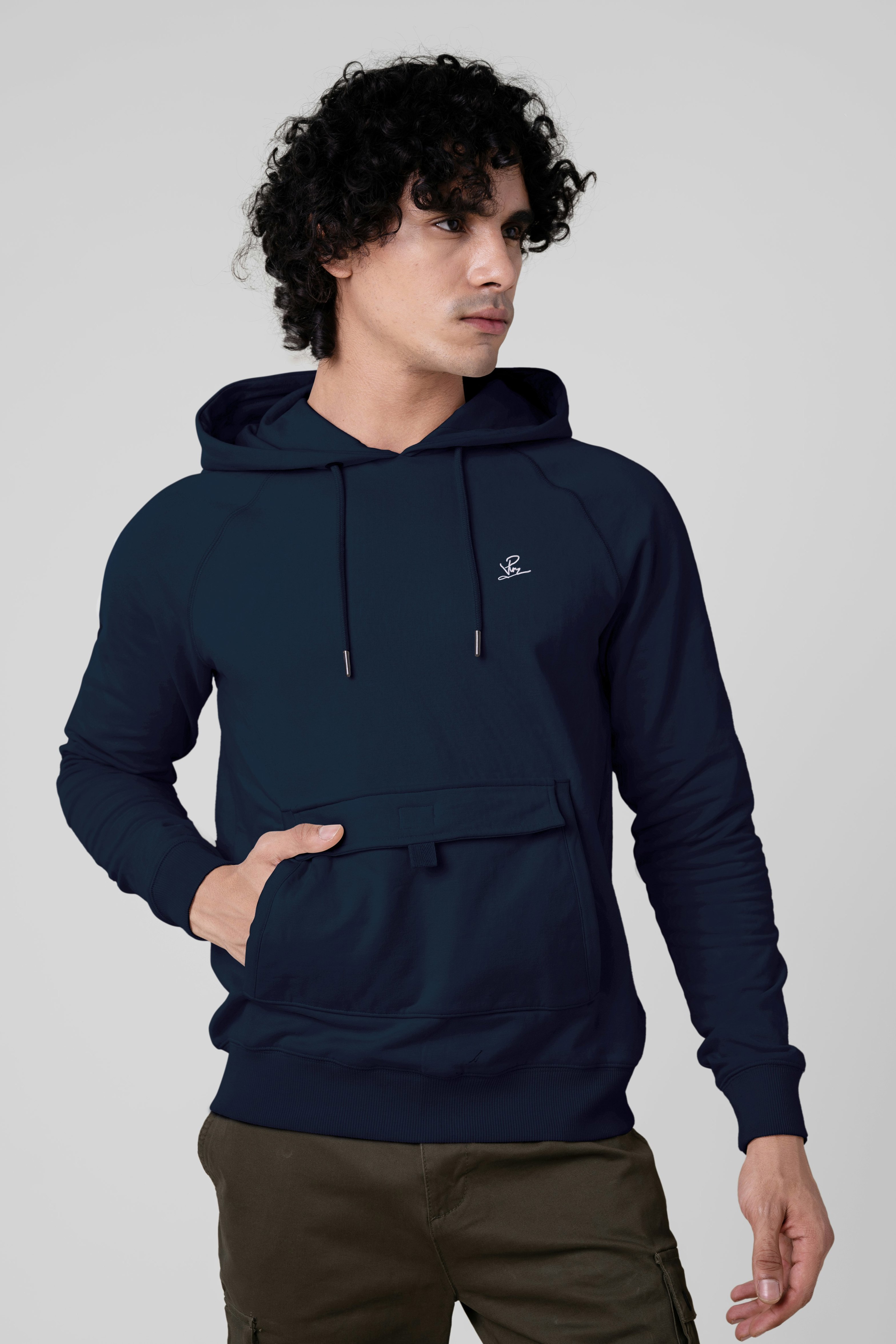 Enorsia Men's Flap Detail Kangaroo Pocket Hoodie - S - Navy - 92% Cotton, 8% Elastane
