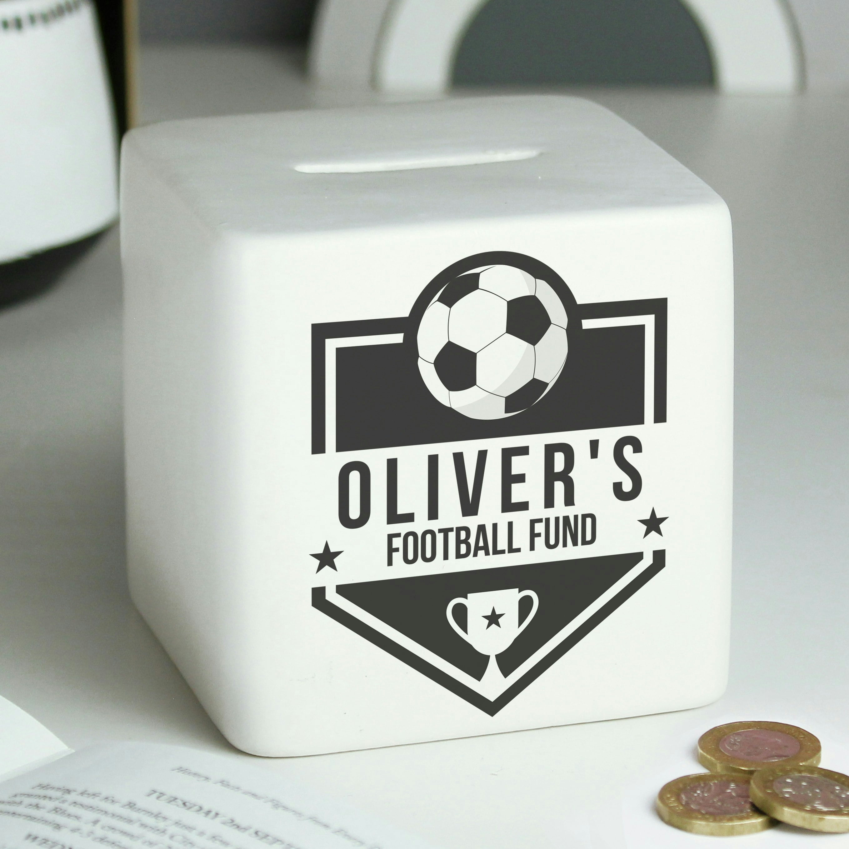 Rackhams Personalised Football Badge Ceramic Square Money Box